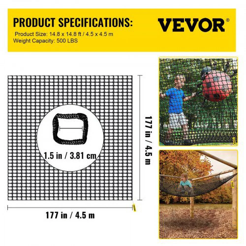 VEVOR Climbing Cargo Net, 14.8 x 14.8 ft Playground Climbing Cargo Net, Polyester Double Layers Cargo Net Climbing Outdoor w500lbs Weight Capacity, Rope Bridge Net for Tree House, Monkey Bar, Black