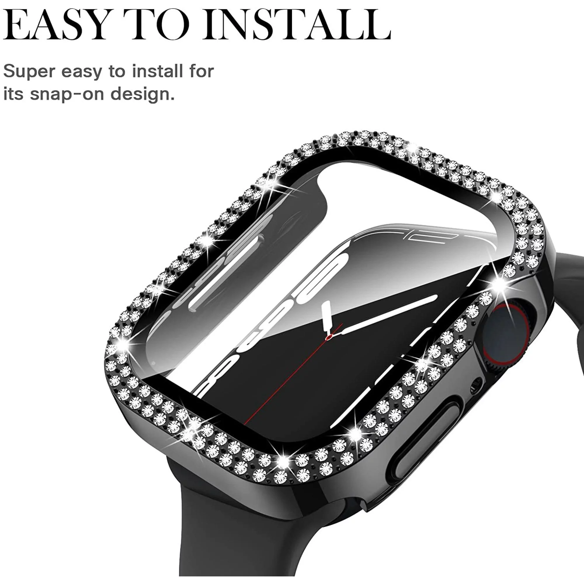 Apple Watch Case Series 8, Series 7 for 45mm Diamond Glitter Watch Case Built-in Tempered Glass Screen Protector, Guard Bumper Full Coverage Cover for Apple Watch Series 8 and Series 7, Black 45mm