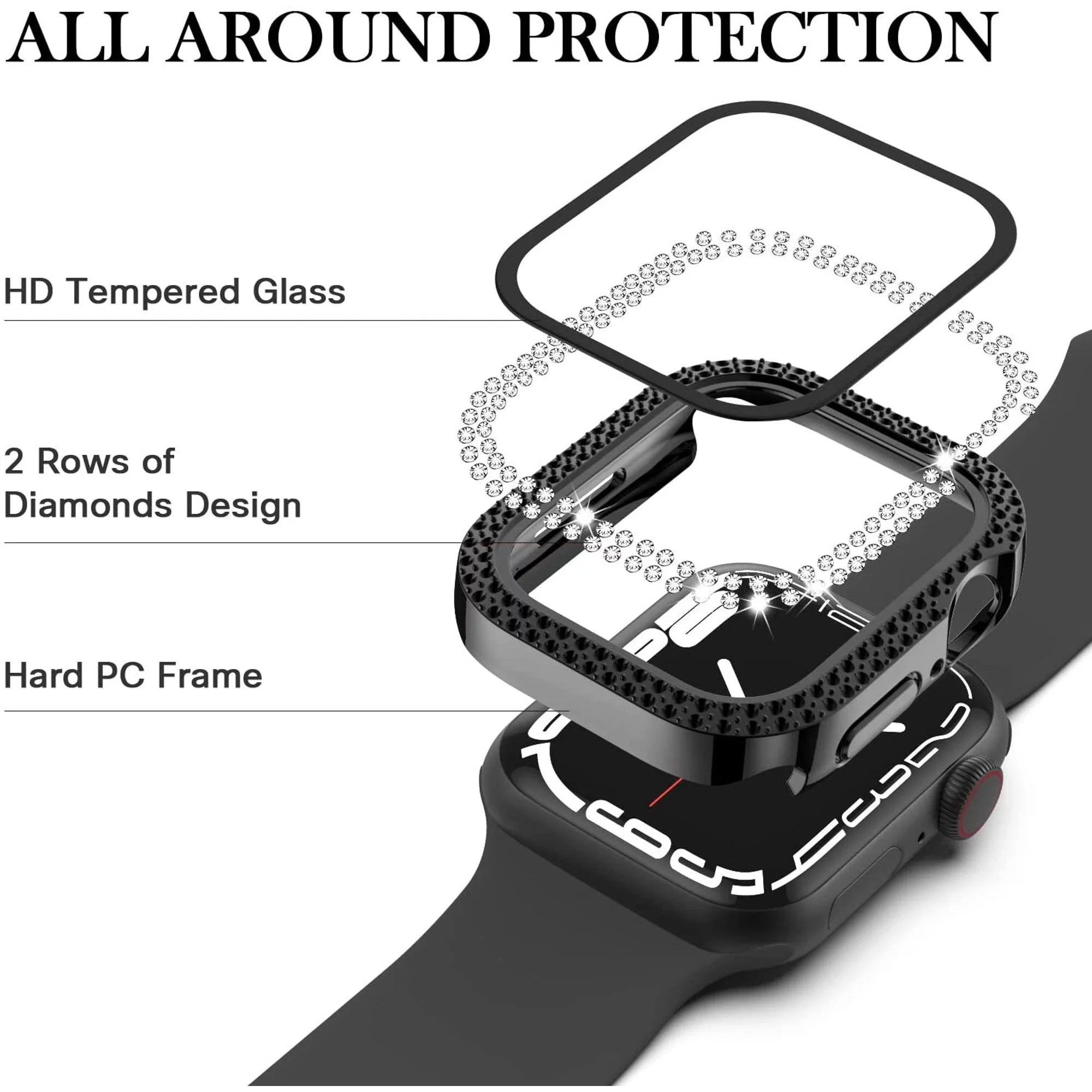 Apple Watch Case Series 8, Series 7 for 45mm Diamond Glitter Watch Case Built-in Tempered Glass Screen Protector, Guard Bumper Full Coverage Cover for Apple Watch Series 8 and Series 7, Black 45mm