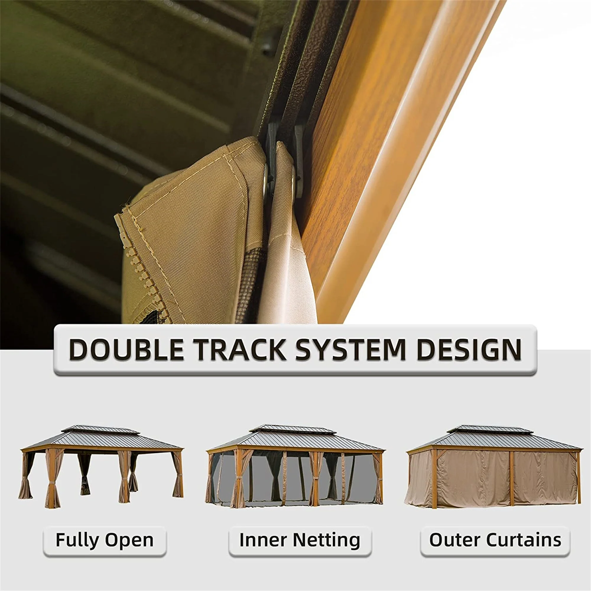 12' x 20' Metal Gazebo with Curtains and Netting, Galvanized Steel Double Canopy Pergola for Backyard, Patio, Yellow Brown