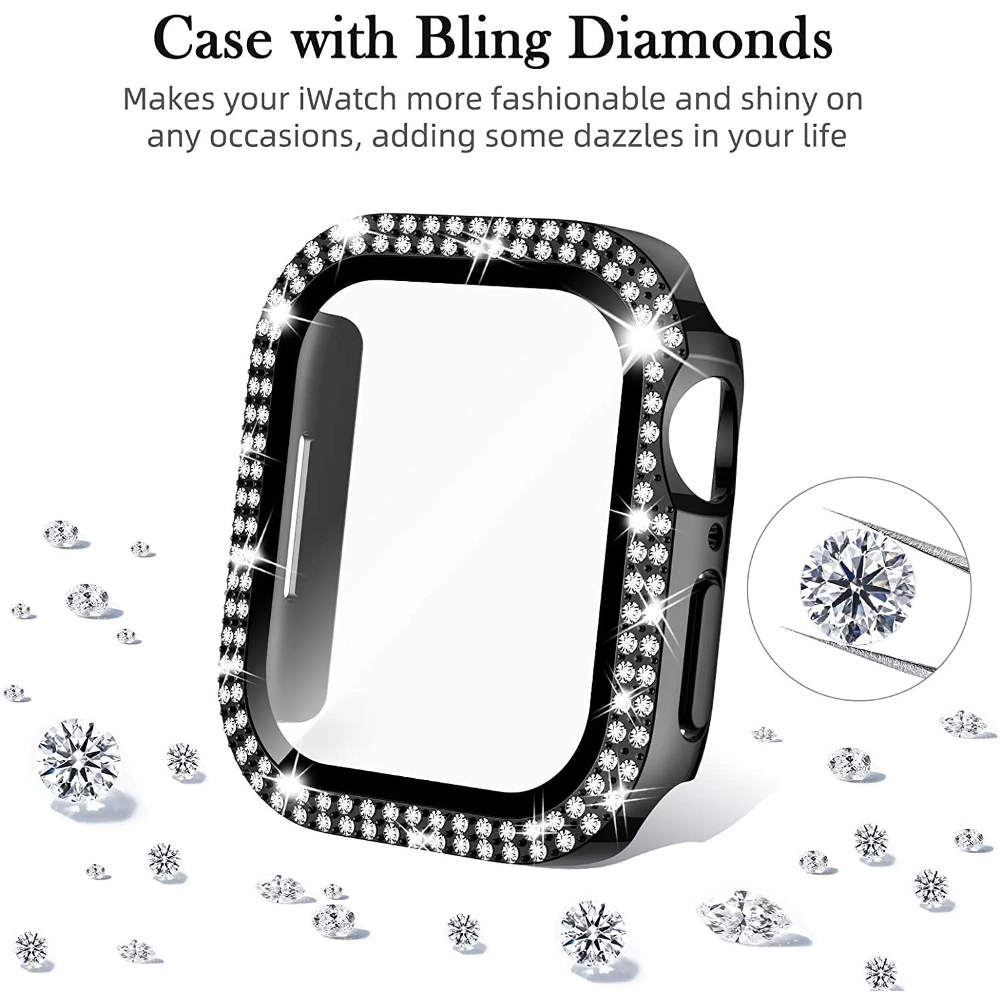 Apple Watch Case Series 8, Series 7 for 45mm Diamond Glitter Watch Case Built-in Tempered Glass Screen Protector, Guard Bumper Full Coverage Cover for Apple Watch Series 8 and Series 7, Black 45mm