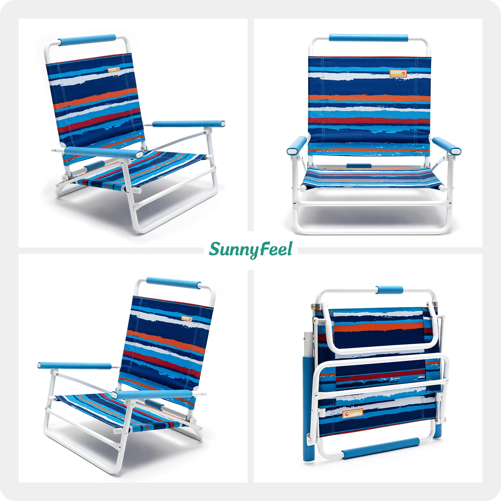 SunnyFeel Folding Beach Chair for Adults, ightweight Low Beach Chair with Armrest, High Back Beach Chairs Supports 300 lbs for Beach Lawn Concert(Blue Stripe)