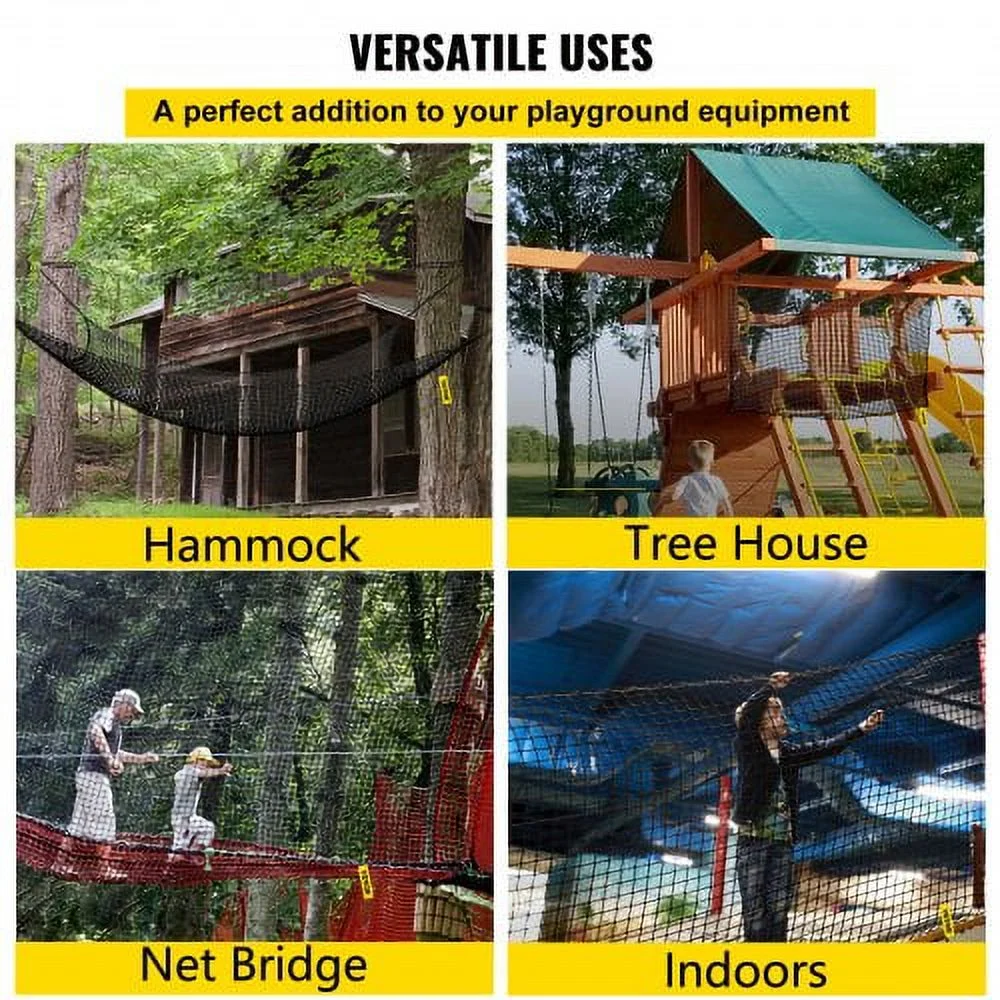 VEVOR Climbing Cargo Net, 14.8 x 14.8 ft Playground Climbing Cargo Net, Polyester Double Layers Cargo Net Climbing Outdoor w500lbs Weight Capacity, Rope Bridge Net for Tree House, Monkey Bar, Black
