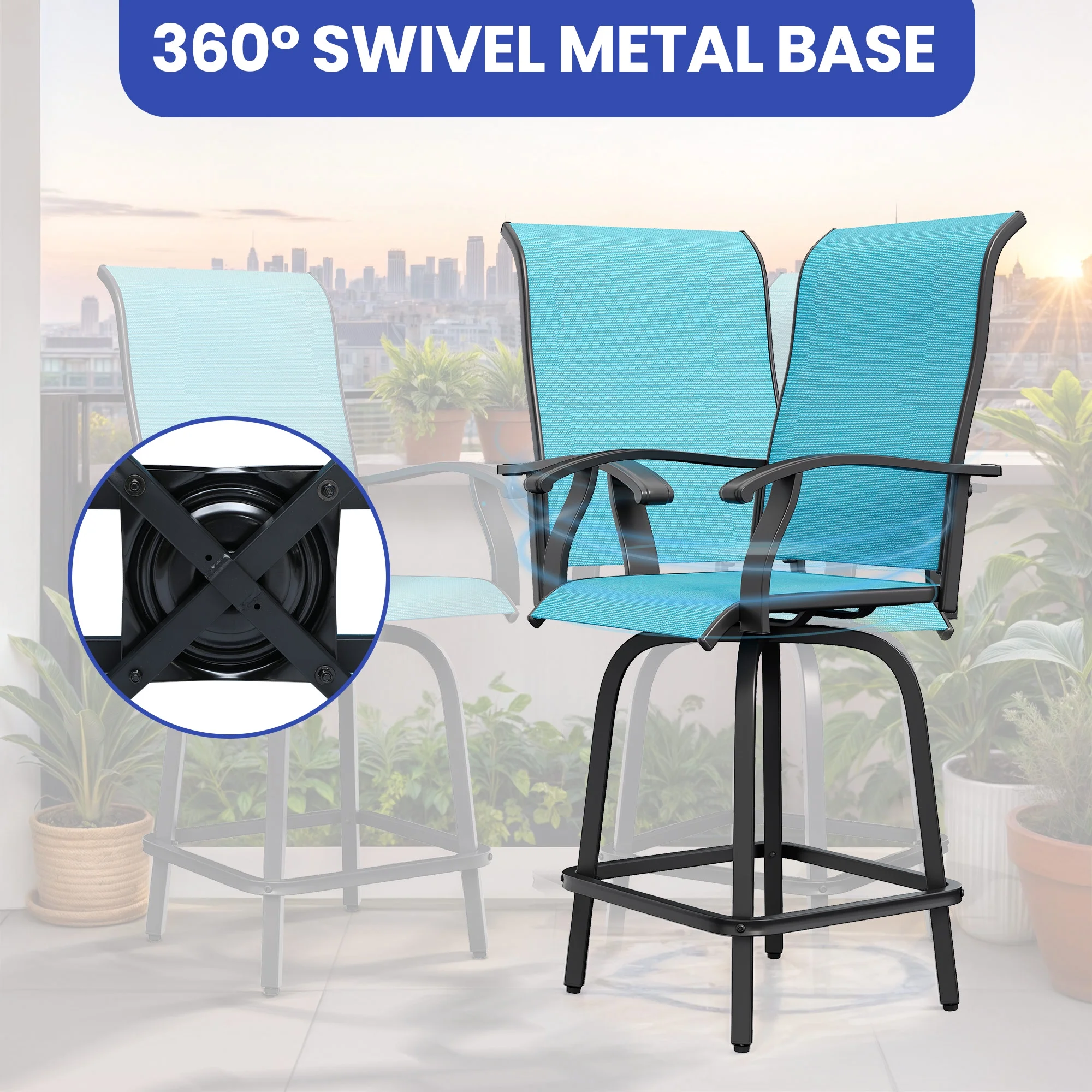 Wooflex High Back Swivel Bar Stools Set of 2, All Weather Outdoor Patio Swivel Chairs with Breathable Textilene and Metal Frame for Garden Backyard Deck, Blue
