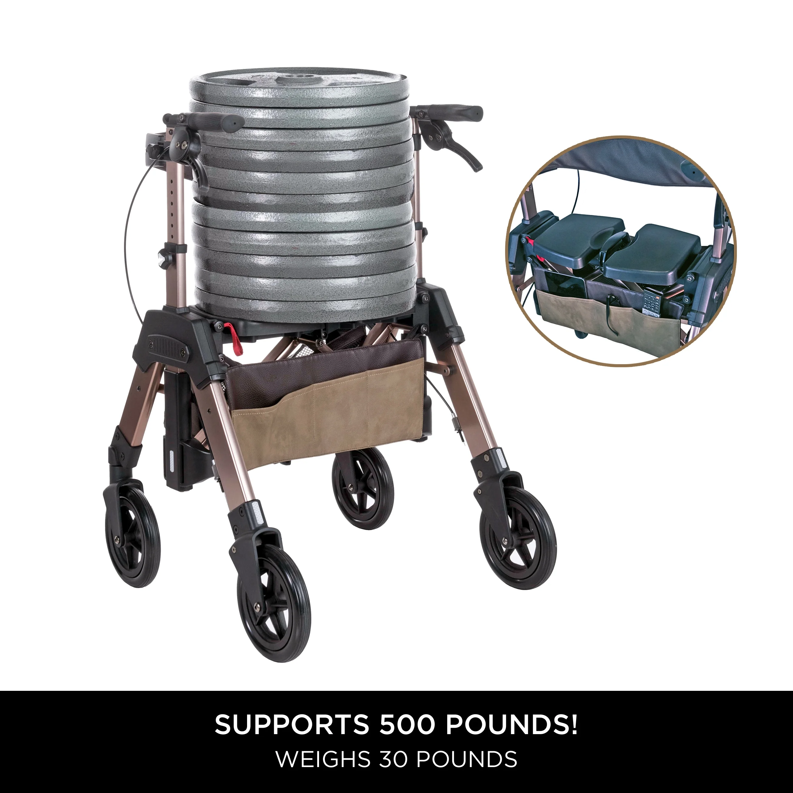 Signature Life Elite Travel Rollator Heavy Duty, Bariatric Mobility Rollator, Extra Wide 500 lbs, Folding Walker with Seat, Champagne Gold