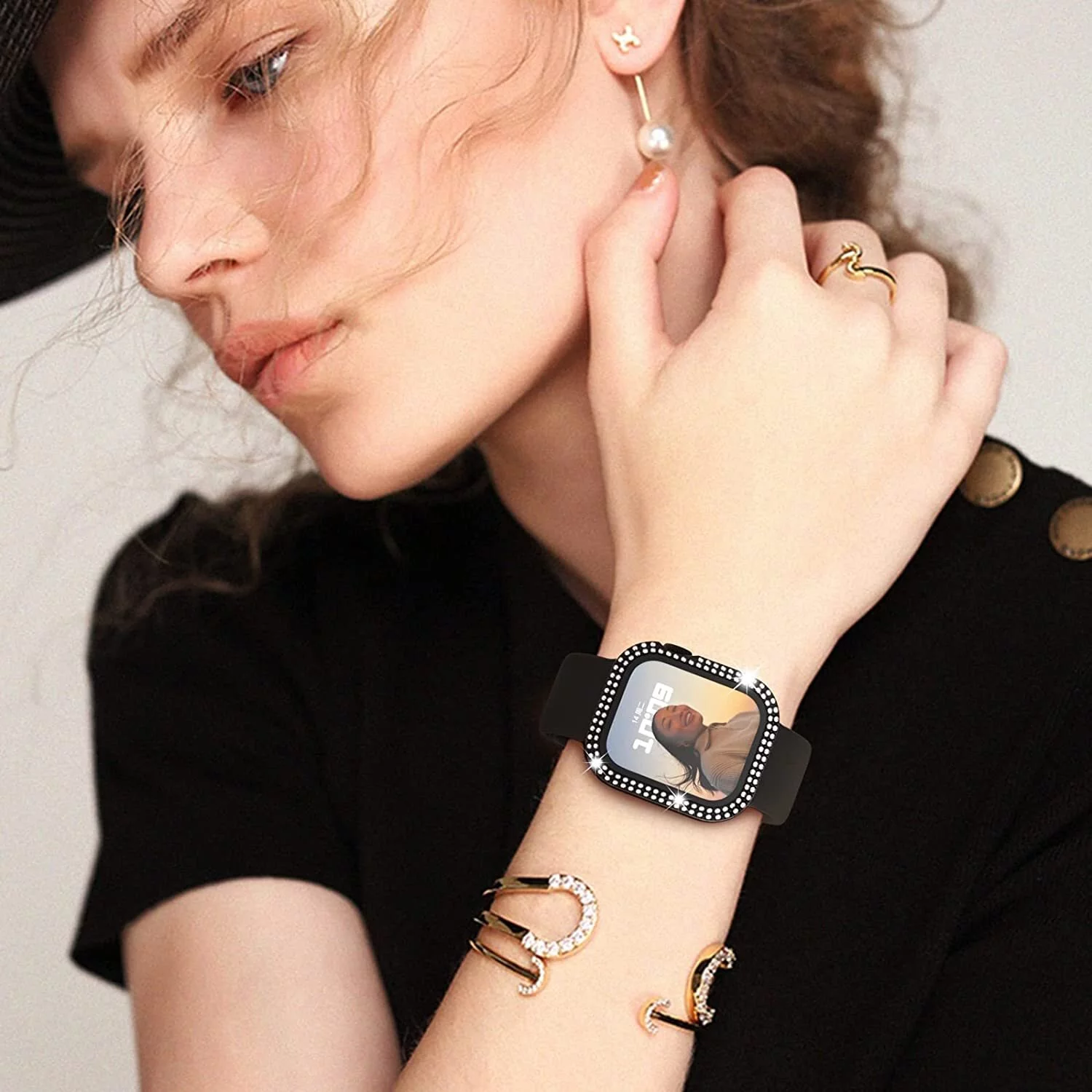 Apple Watch Case Series 8, Series 7 for 45mm Diamond Glitter Watch Case Built-in Tempered Glass Screen Protector, Guard Bumper Full Coverage Cover for Apple Watch Series 8 and Series 7, Black 45mm