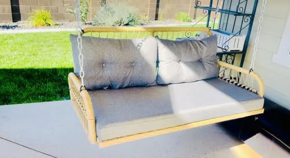 CHTYVC Wicker Hanging Porch Swing Chair Outdoor Brown Rattan Patio Swing Lounge w/ 2 Back Cushions Capacity 530lbs for Garden  Balcony  Living Room  Beige