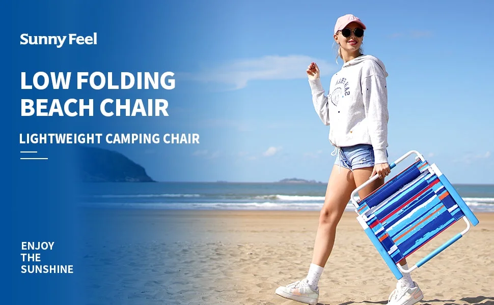 SunnyFeel Folding Beach Chair for Adults, ightweight Low Beach Chair with Armrest, High Back Beach Chairs Supports 300 lbs for Beach Lawn Concert(Blue Stripe)
