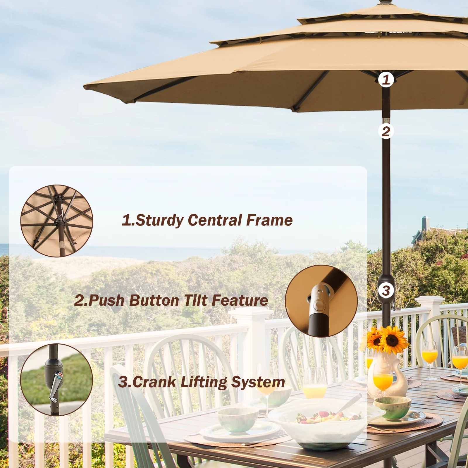 Aoodor 10ft 3 Tier Patio Umbrella - Stylish Outdoor Market Umbrella with Smooth Crank Mechanism - UV-Resistant Canopy - Ideal for Dining Tables (No Base)-Brown