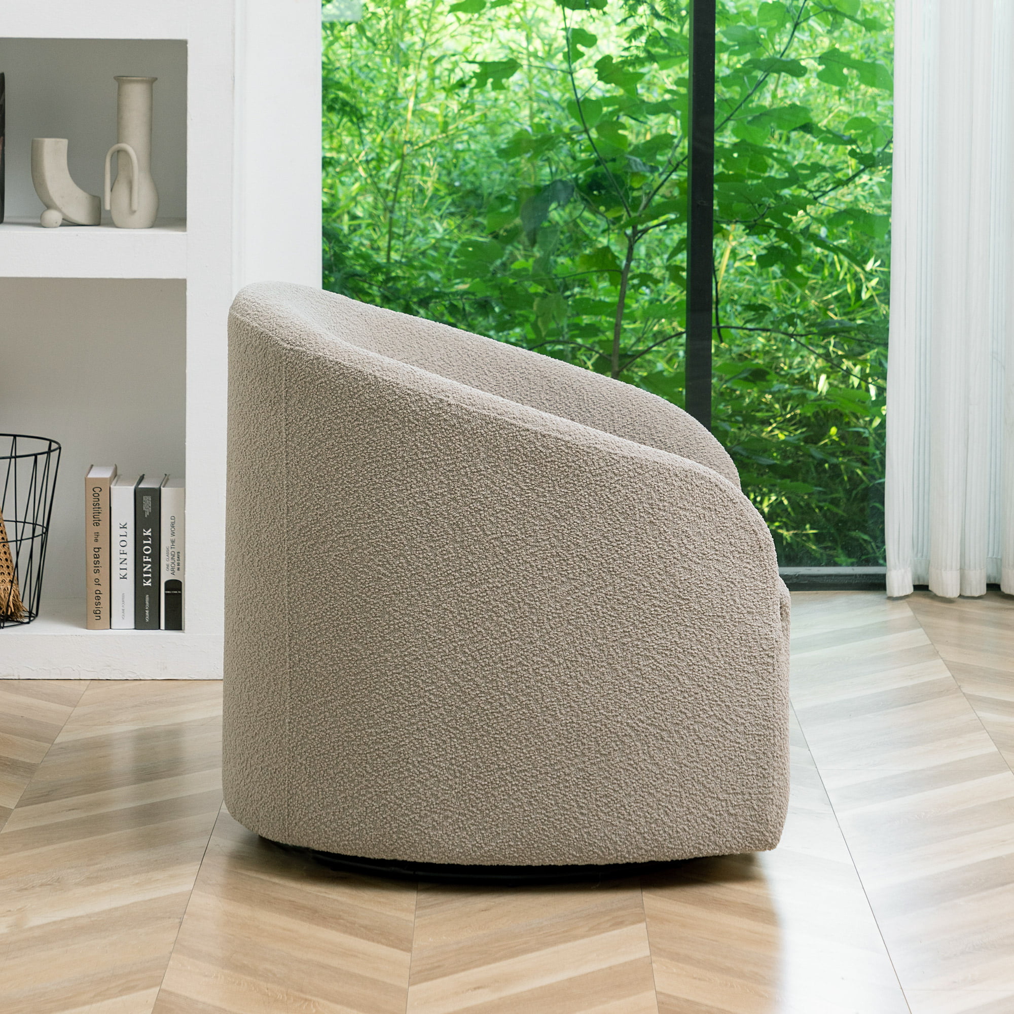 KINWELL Boucle Upholstered Swivel Barrel Chair
