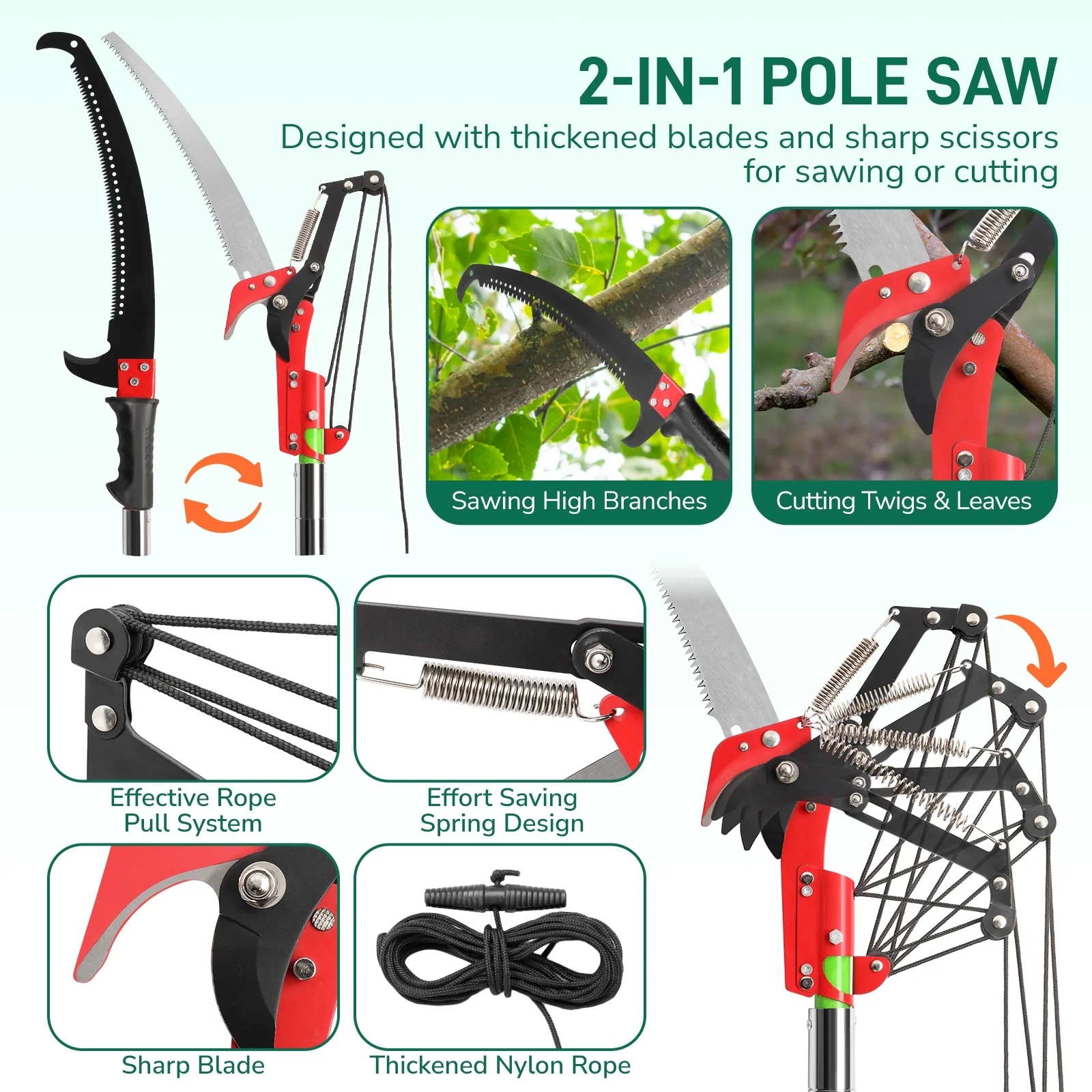 Tree Pole Pruning Saw for Tree Pruning,Kepeak 26ft Manual Pole Saw,Tree Pole Branch Pruning Gardening Tool Retractable