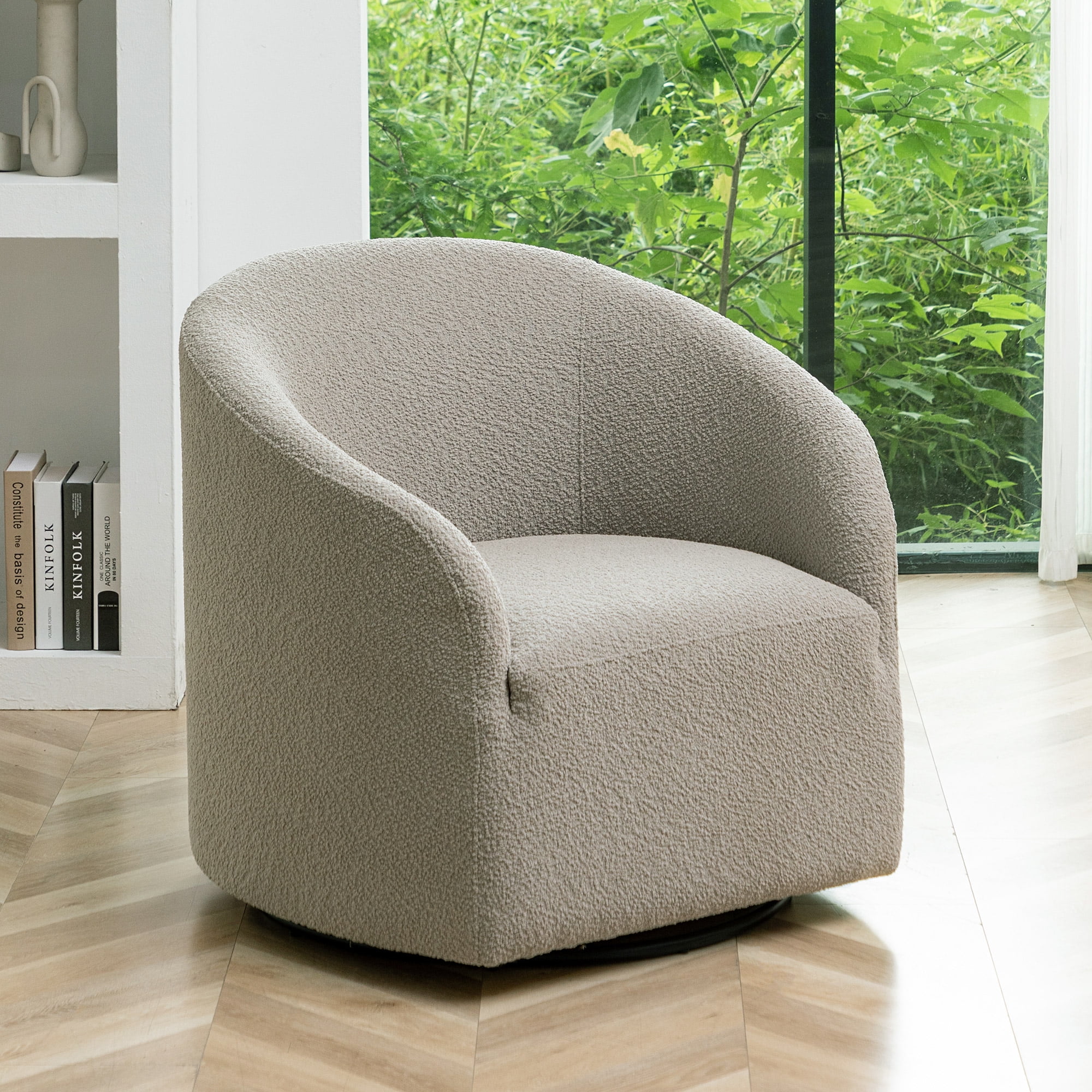 KINWELL Boucle Upholstered Swivel Barrel Chair