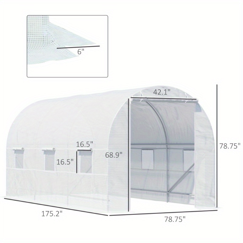 Zateety 15' X 7' X 7' Walk-In Tunnel Greenhouse, Large Garden Hot House Kit with 6 Roll-up Windows & Roll Up Door, Steel Frame, White