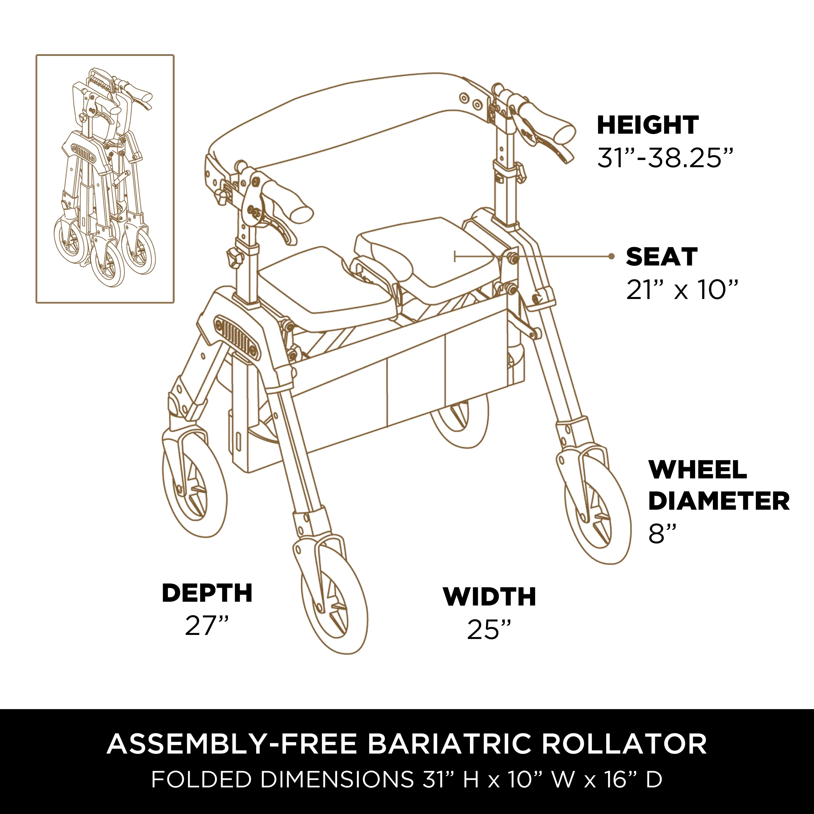 Signature Life Elite Travel Rollator Heavy Duty, Bariatric Mobility Rollator, Extra Wide 500 lbs, Folding Walker with Seat, Champagne Gold
