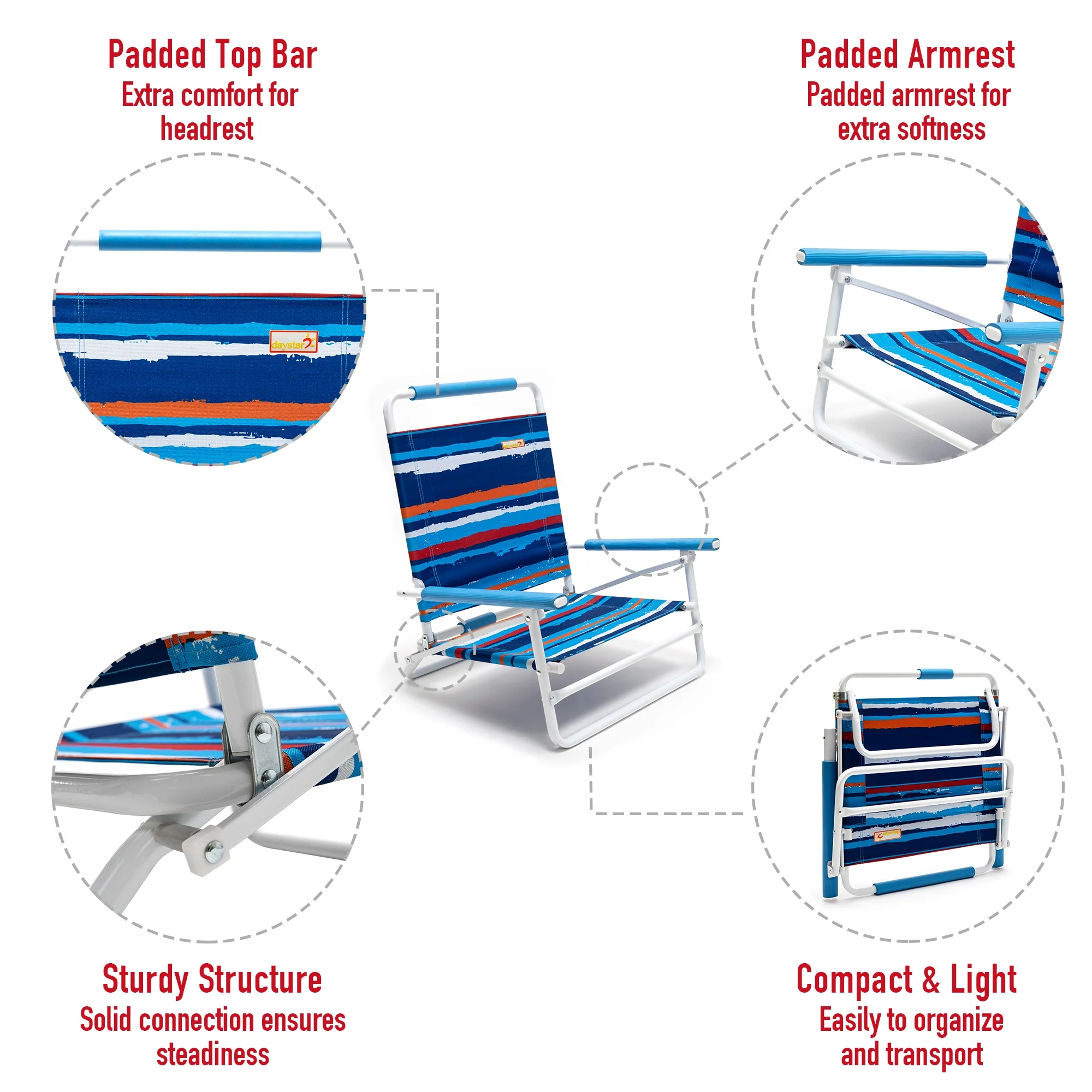 SunnyFeel Folding Beach Chair for Adults, ightweight Low Beach Chair with Armrest, High Back Beach Chairs Supports 300 lbs for Beach Lawn Concert(Blue Stripe)