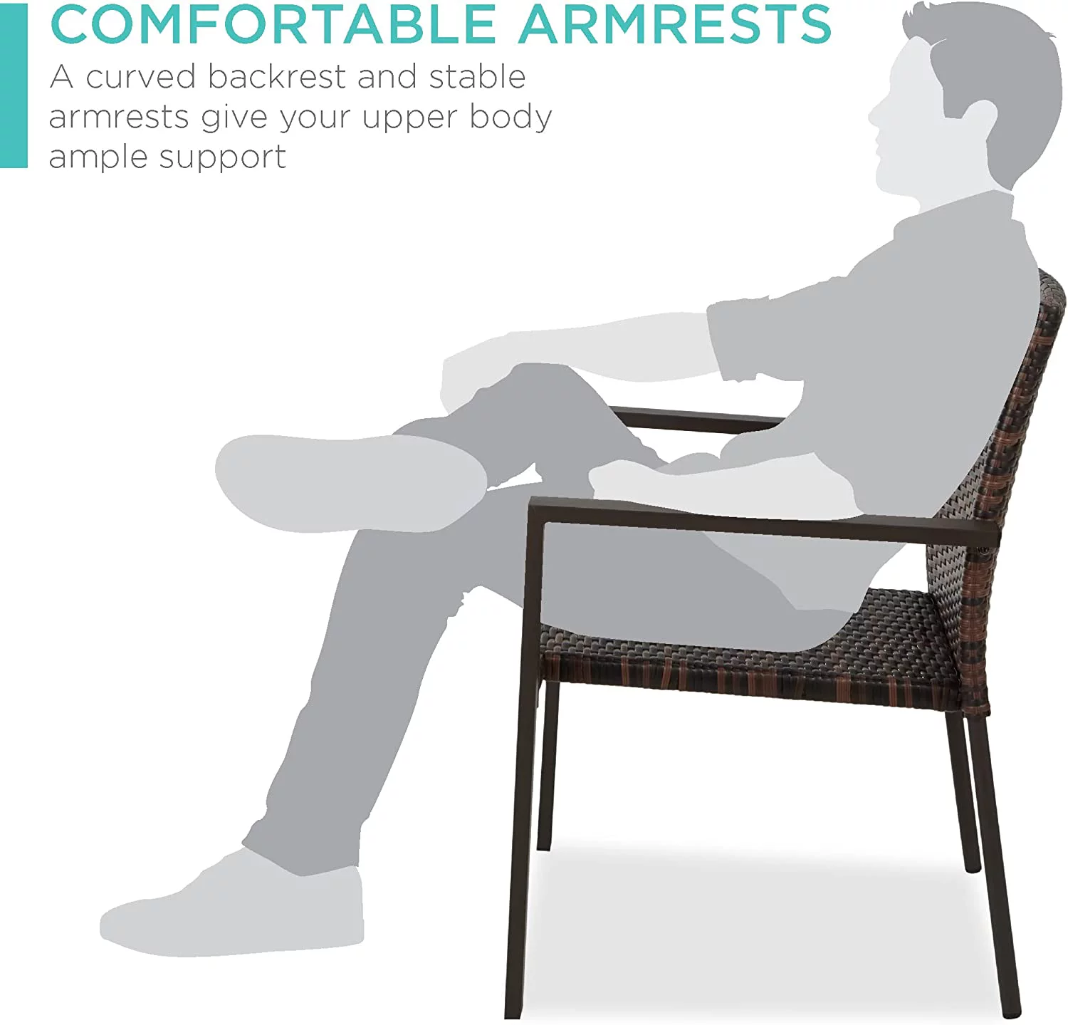 Set of 2 Stackable Outdoor Wicker Dining Chairs All-Weather Firepit Armchair w/Armrests, Steel Frame for Patio, Deck, Garden, Yard - Brown