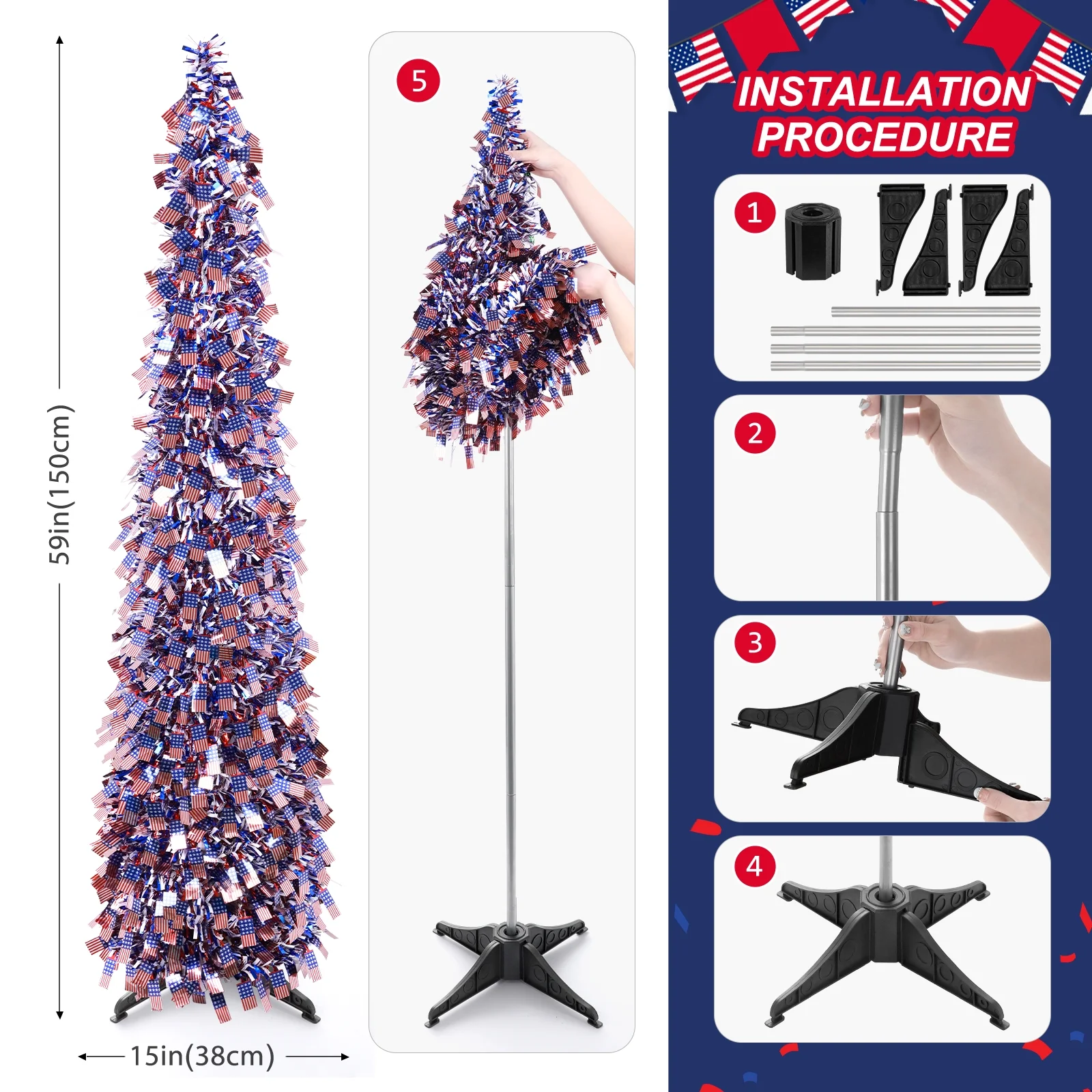 Ayieyill 4th of July Decor Patriotic Decorations, 5ft Pop up Tree Patriotic American Tree, Fourth of July Decorations Party Supplies(Red White and Blue )
