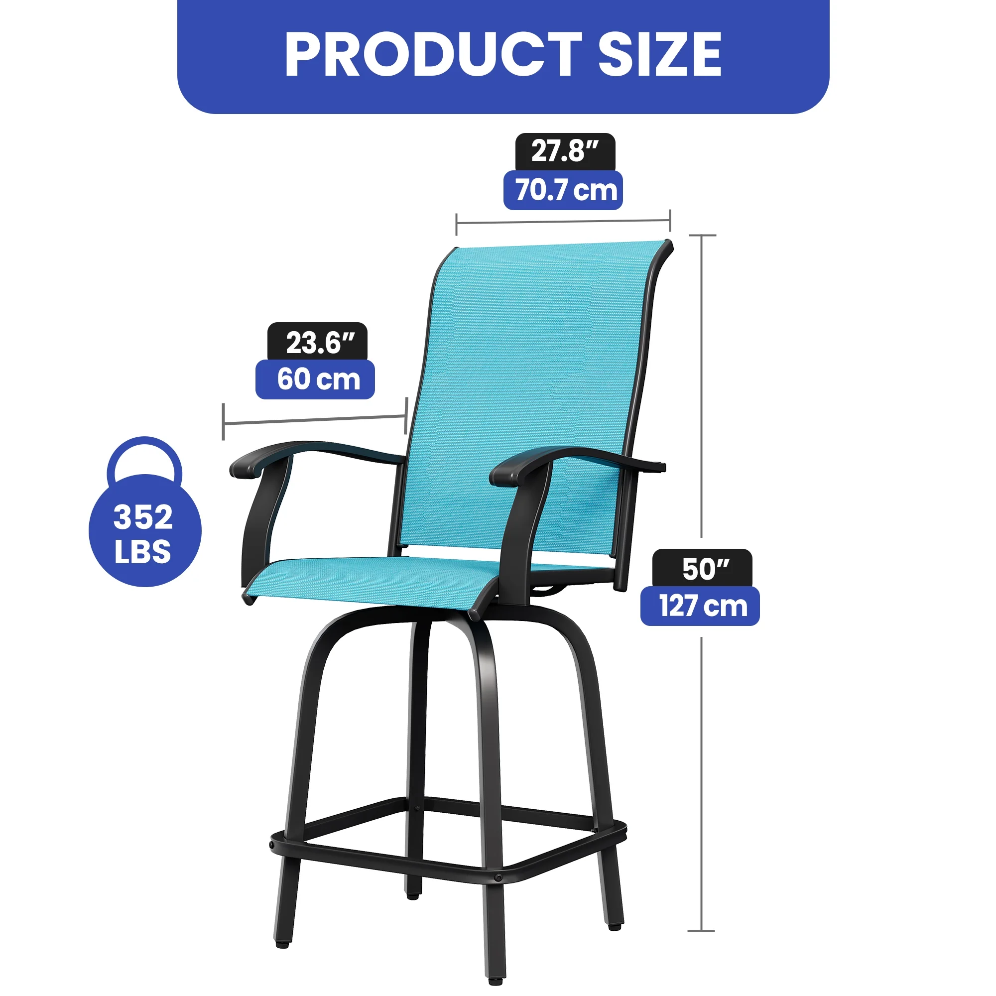 Wooflex High Back Swivel Bar Stools Set of 2, All Weather Outdoor Patio Swivel Chairs with Breathable Textilene and Metal Frame for Garden Backyard Deck, Blue
