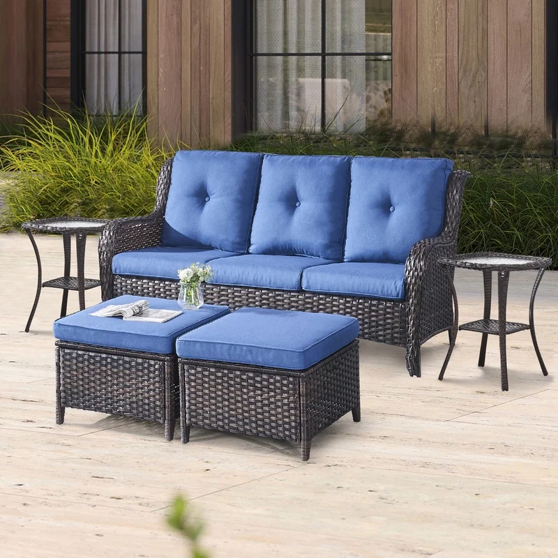 POCASSY 5 Piece Outdoor Conversation Furniture Set Wicker Sofa Seating Group with Cushions for Backyord, Garden, Pool