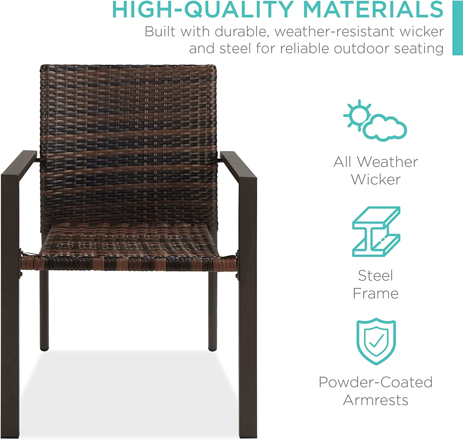 Set of 2 Stackable Outdoor Wicker Dining Chairs All-Weather Firepit Armchair w/Armrests, Steel Frame for Patio, Deck, Garden, Yard - Brown