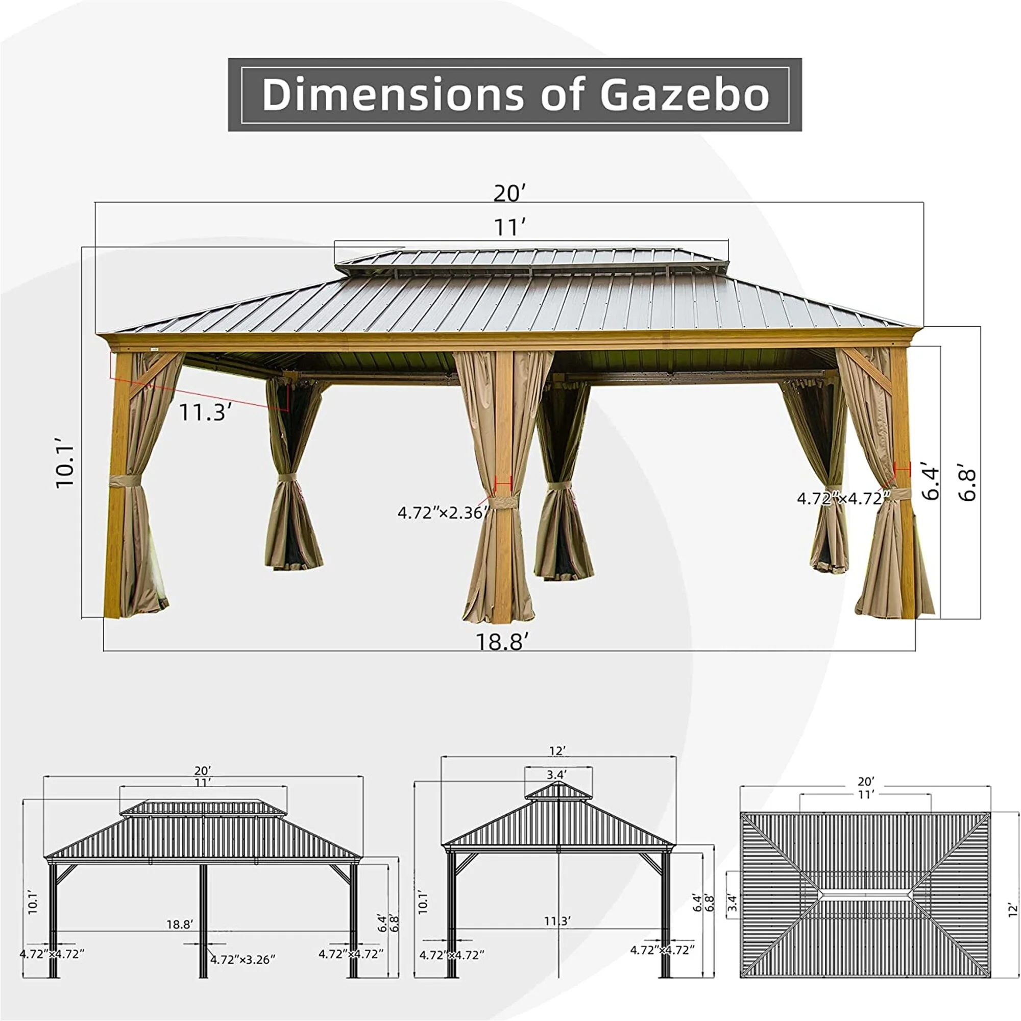12' x 20' Metal Gazebo with Curtains and Netting, Galvanized Steel Double Canopy Pergola for Backyard, Patio, Yellow Brown