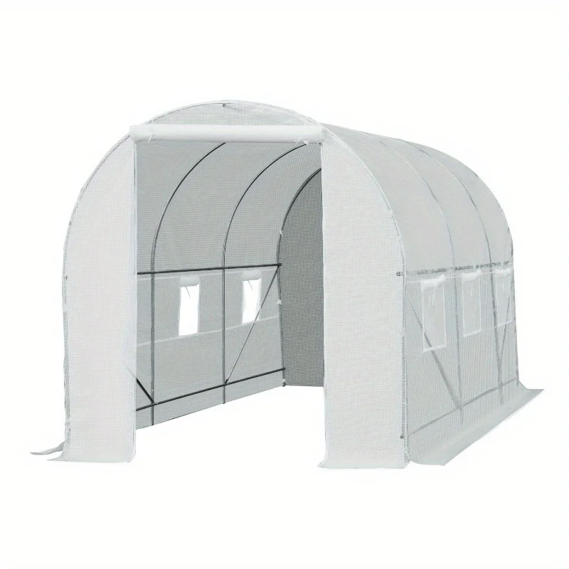 Zateety 15' X 7' X 7' Walk-In Tunnel Greenhouse, Large Garden Hot House Kit with 6 Roll-up Windows & Roll Up Door, Steel Frame, White