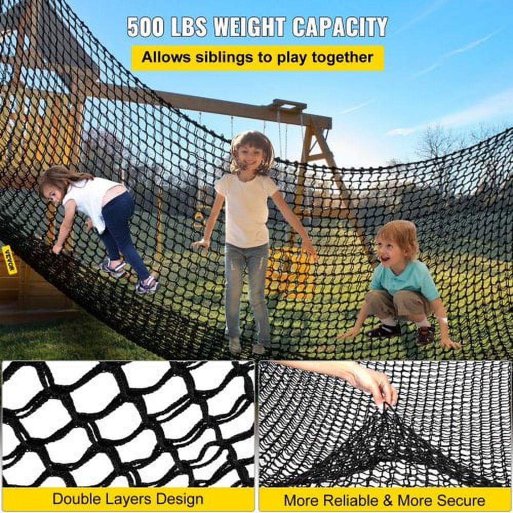 VEVOR Climbing Cargo Net, 14.8 x 14.8 ft Playground Climbing Cargo Net, Polyester Double Layers Cargo Net Climbing Outdoor w500lbs Weight Capacity, Rope Bridge Net for Tree House, Monkey Bar, Black
