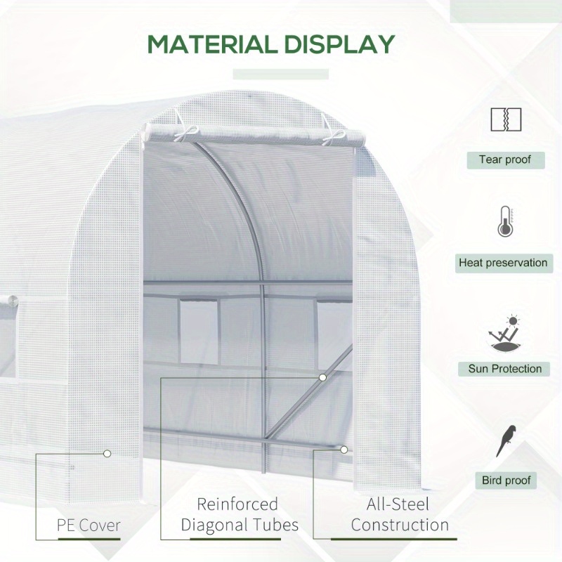 Zateety 15' X 7' X 7' Walk-In Tunnel Greenhouse, Large Garden Hot House Kit with 6 Roll-up Windows & Roll Up Door, Steel Frame, White