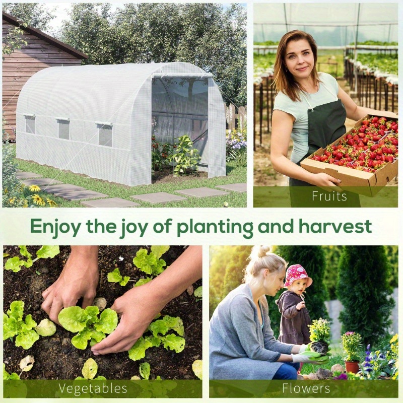 Zateety 15' X 7' X 7' Walk-In Tunnel Greenhouse, Large Garden Hot House Kit with 6 Roll-up Windows & Roll Up Door, Steel Frame, White