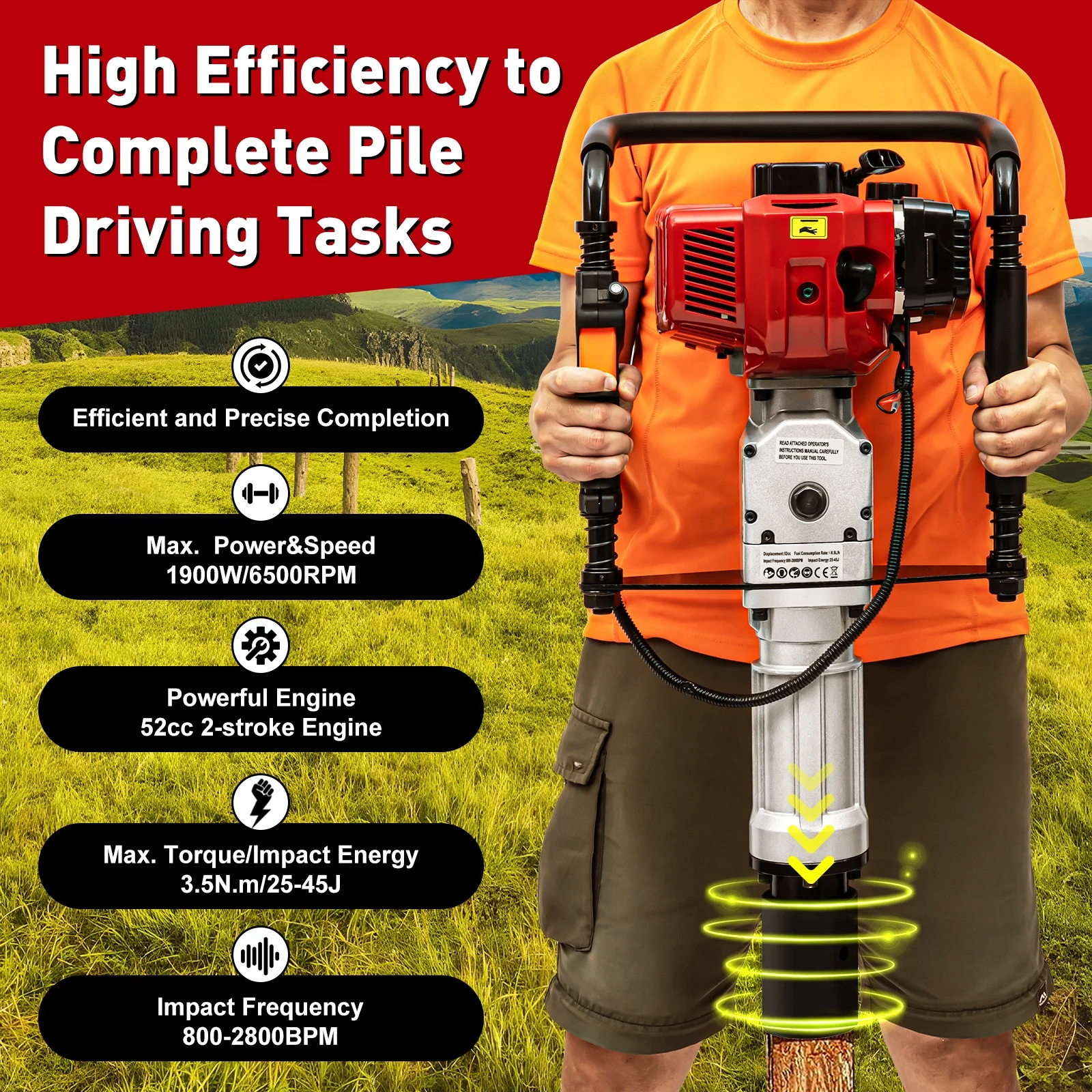 Loyalheartdy 52cc 2 Stroke T Post Driver Piledriver Portable Heavy Duty Fence Gasoline Pile Driver Kit