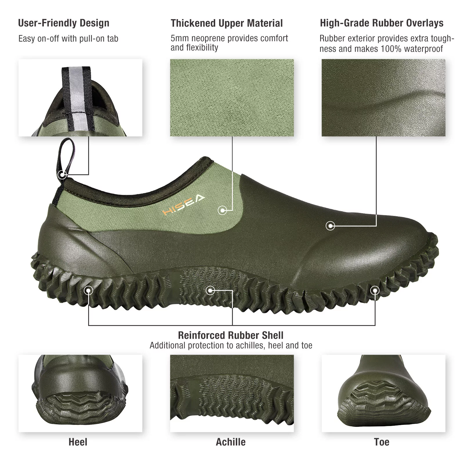 HISEA Unisex Rain Shoes Waterproof Rubber Garden Shoes Slip-on Muck Mud Ankle Rain Boots for Women Men with Comfortable Anti-slip Outsole