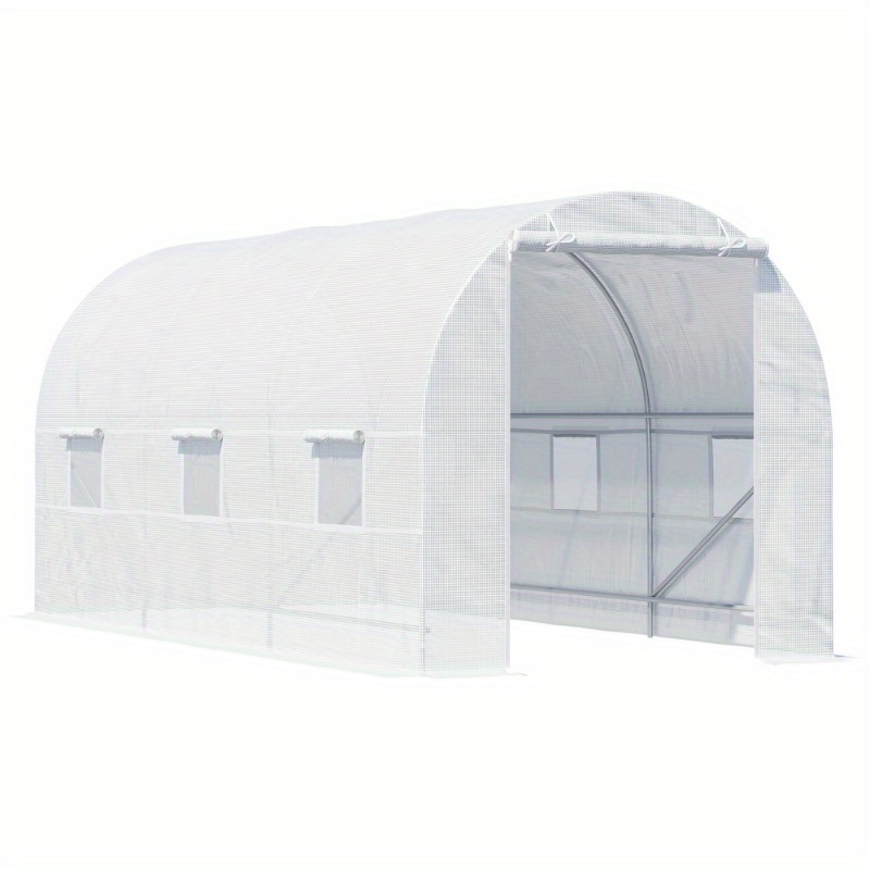 Zateety 15' X 7' X 7' Walk-In Tunnel Greenhouse, Large Garden Hot House Kit with 6 Roll-up Windows & Roll Up Door, Steel Frame, White