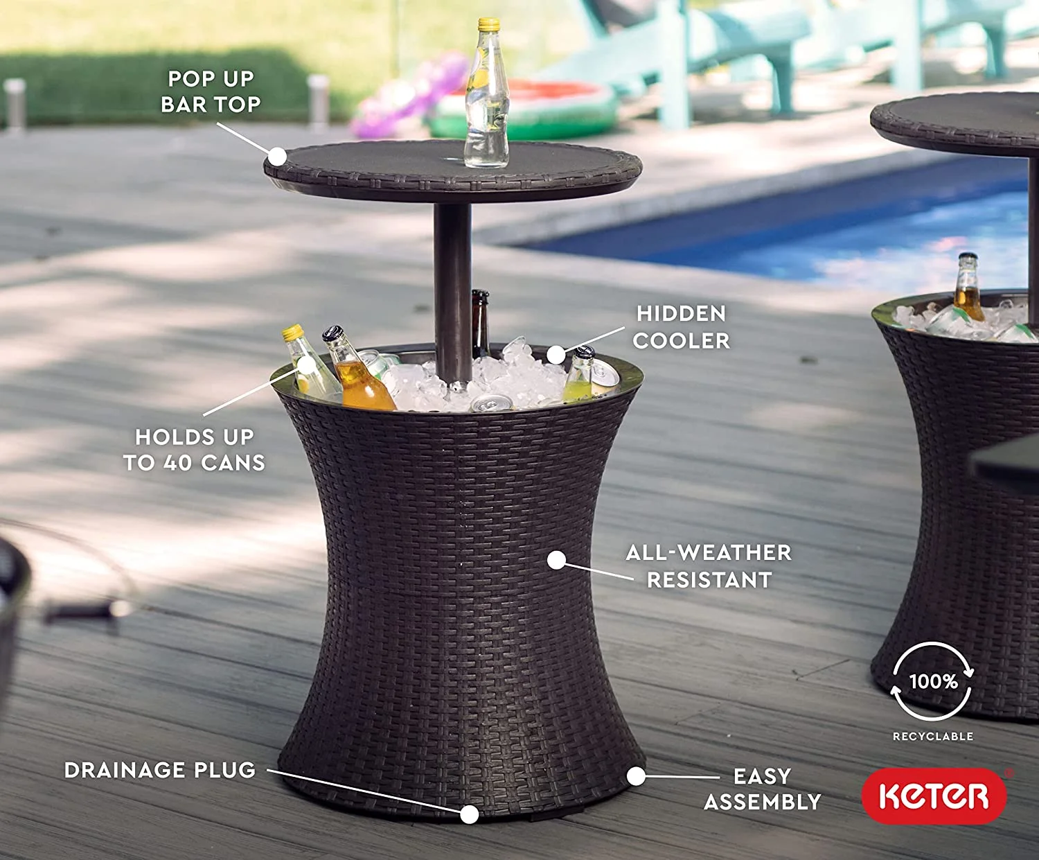 Keter Pacific Cool Bar Outdoor Patio Furniture and Hot Tub Side Table with 7.5 Gallon Beer and Wine Cooler  Espresso Brown