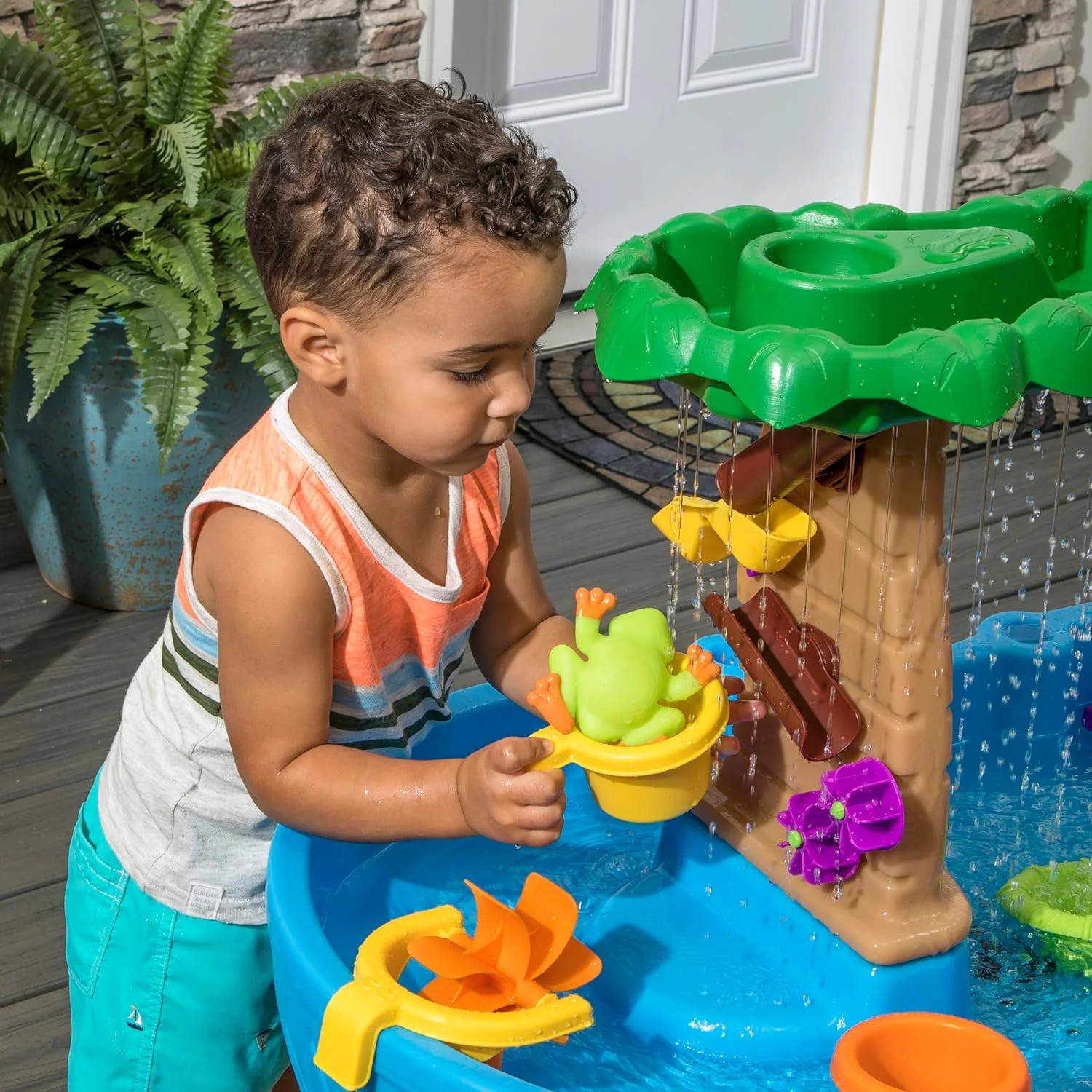 Tropical Rainforest Kids Water Tables, Outdoor Toddler Activity Table, Ages 1.5+ Years Old, 13 Piece Water Toy Accessories, Blue & Green