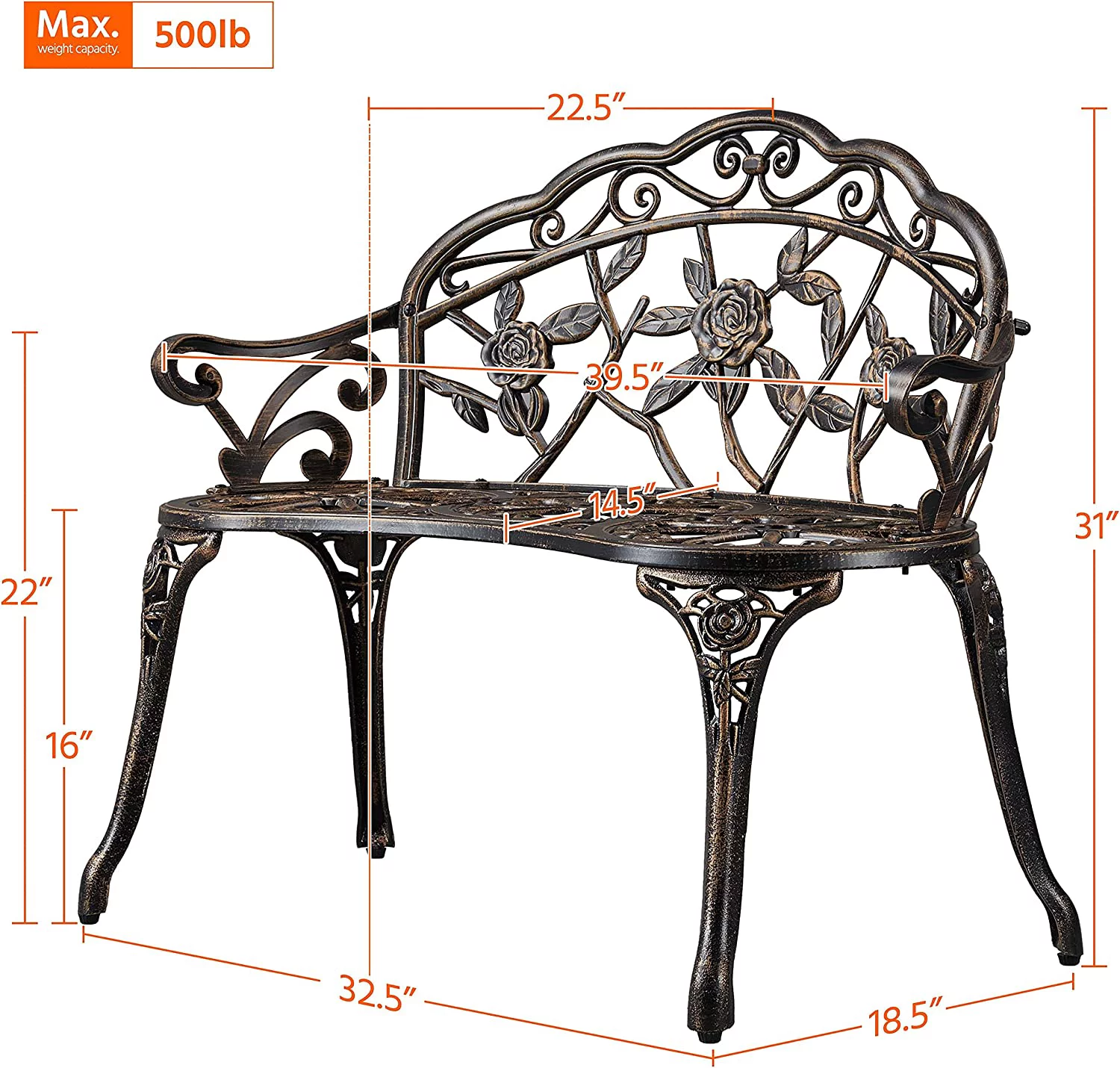 Outdoor Garden Bench Patio Park Bench, Aluminum Floral Rose Accented Antique Metal Bench Loveseat, Outdoor Yard Furniture