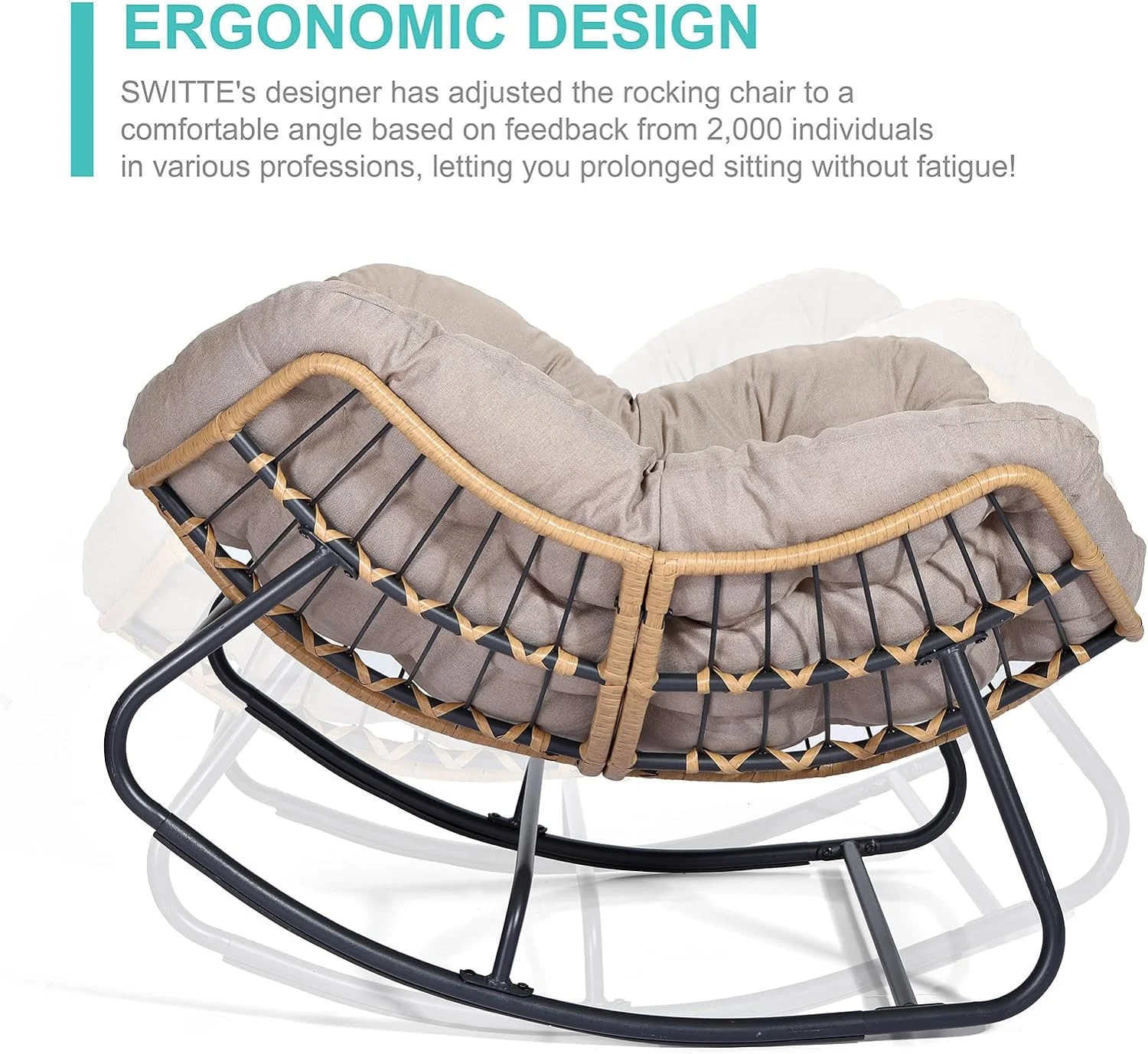 SWITTE Outdoor Rocking Chair, Patio Egg Rocking Chair, Indoor Papasan Chair, Rattan Wicker Lounge Chair, Modern Royal Chair for Bedroom, Living Room, Porch, Garden, Lawn-Blue