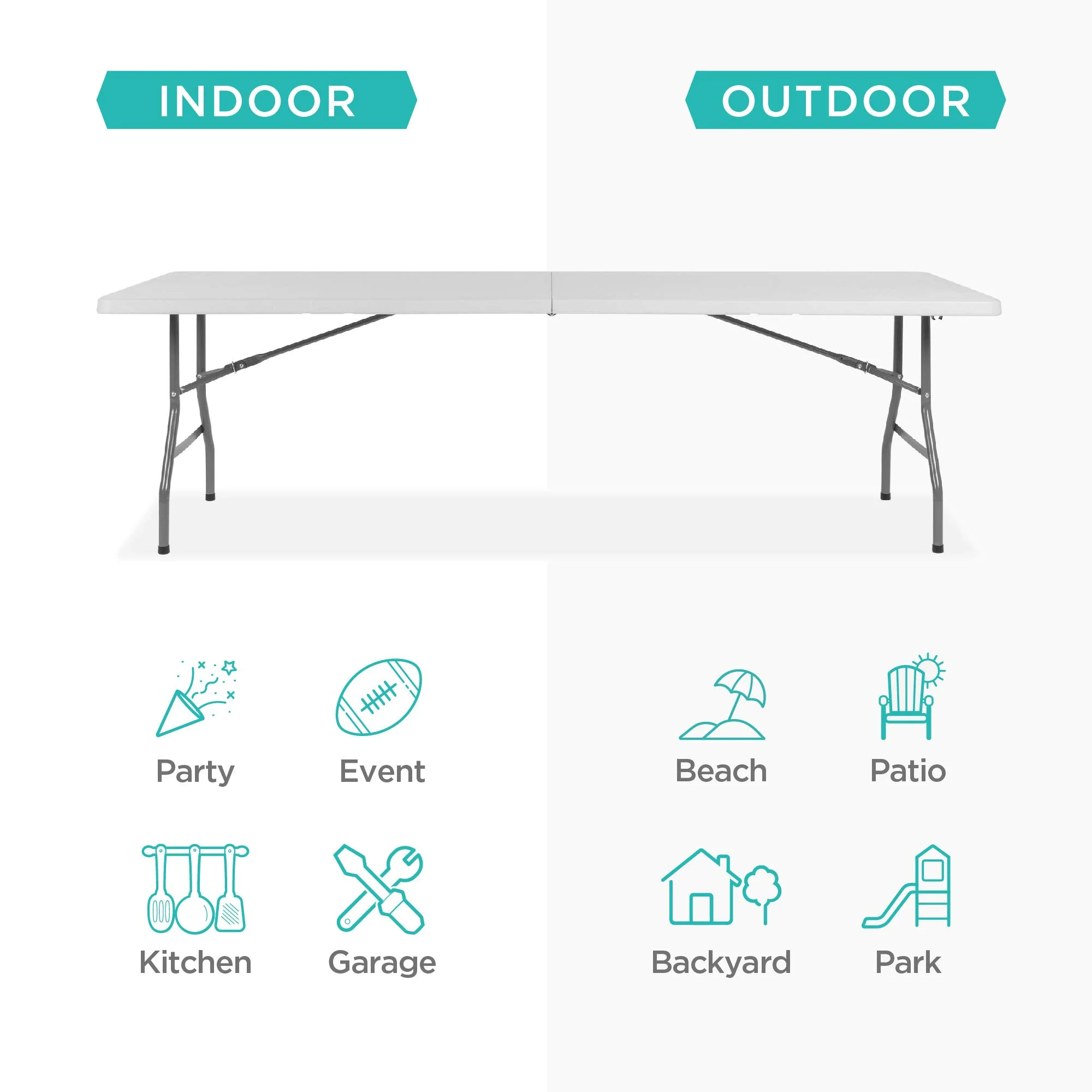 8ft Plastic Folding Table, Indoor Outdoor Heavy Duty Portable w/Handle, Lock for Picnic, Party, Pong, Camping - White