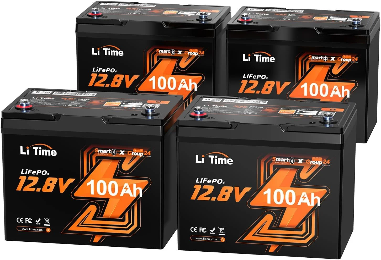 LiTime 4 Pack 12V 100Ah RV Lithium Battery, Group 24 Bluetooth LiFePO4 Battery Low-Temp Protection Mini Size Bluetooth 5.0 Perfect for RV, Solar System, Trolling Motors