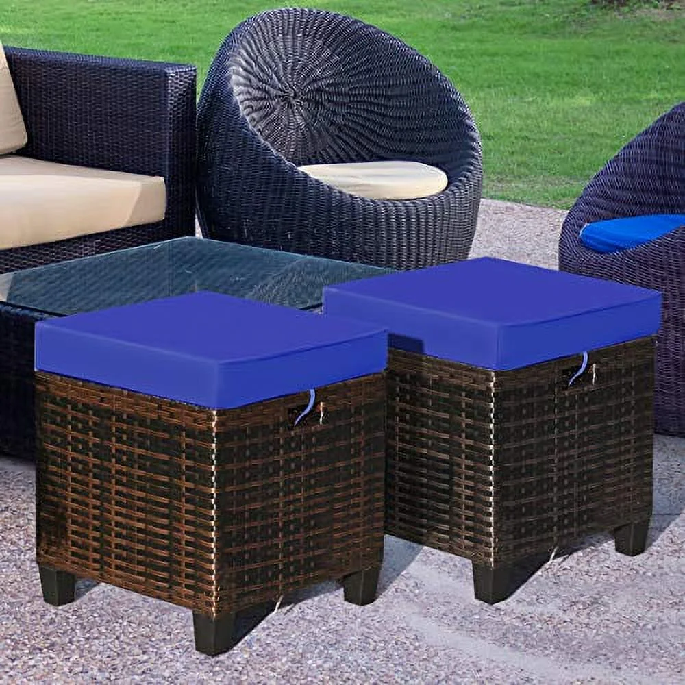 Hysache Wicker Ottoman Set of 2, All Weather Rattan Patio Ottoman Set, Outdoor Foot Rest Patio Foot Stool with Waterproof & Removable Cushions for Balcony Backyard Garden Poolside (Navy)