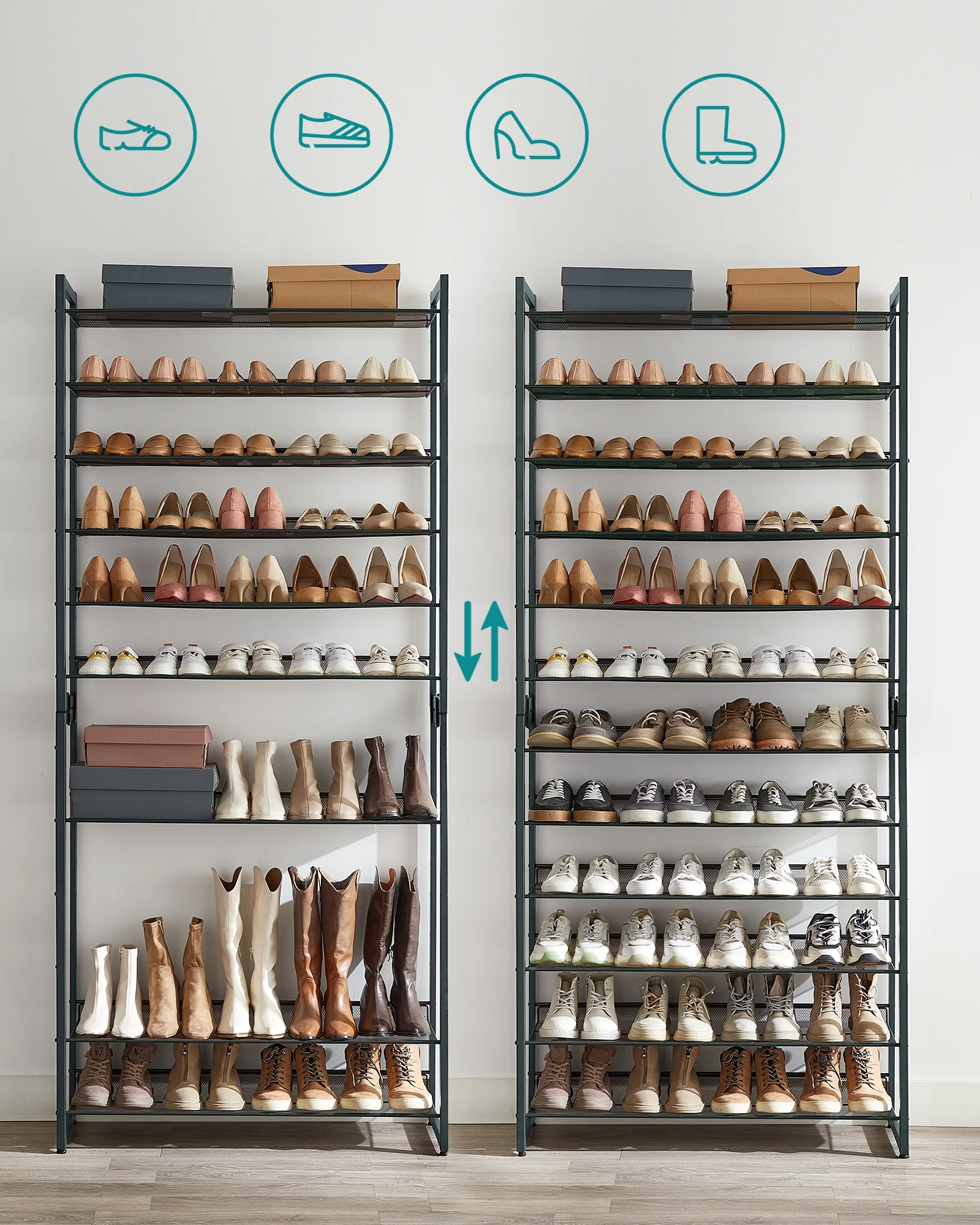 SONGMICS 12-Tier Metal Shoe Rack Organizer, Stackable Shoe Storage for Closet, Entryway, Garage Slanted Shelves, Holds 48-60 Pairs, Grey