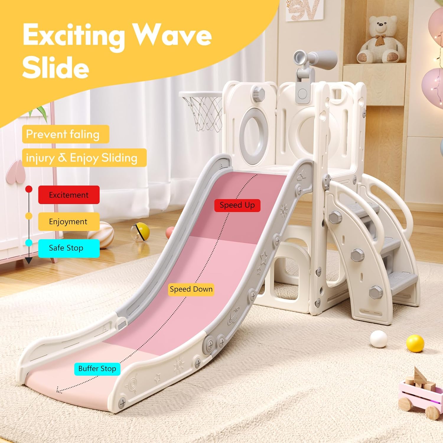 6 in 1 Toddler Playset with Slide,Toddler Slide,Slide for Kids with Basketball Hoop,Ball,Ring Toss,Kids Slide Toddler Playground Toddler Slide Indoor Outdoor Toys (6 in 1, White Grey)