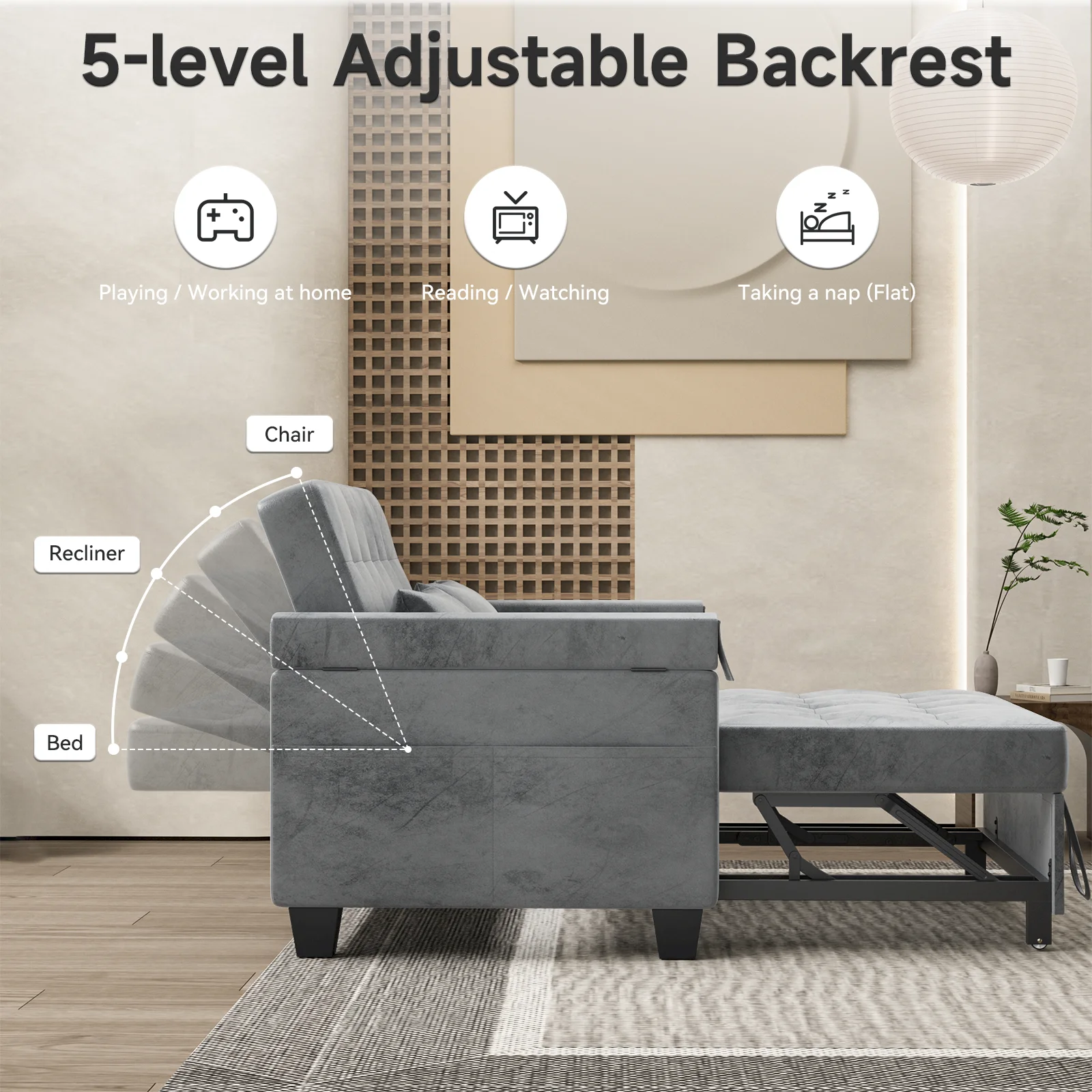 Belord 3-in-1 Convertible Pull Out Sleeper Sofa Bed with Storage Pockets and Side Table, Modern Velvet Loveseat Futon Couch with Adjsutable Backrest & 2 Pillows for Living Room, Bedroom, Grey