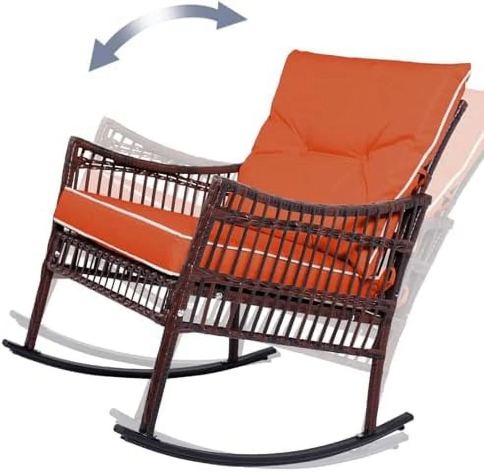 LNSETGC Outdoor Rocking Chairs  3 Pieces Patio Conversation Set  Wicker Rocking Chairs  with Coffee Table  Front Porch  for Garden and Balcony (Brown Rattan Beige Cushion)