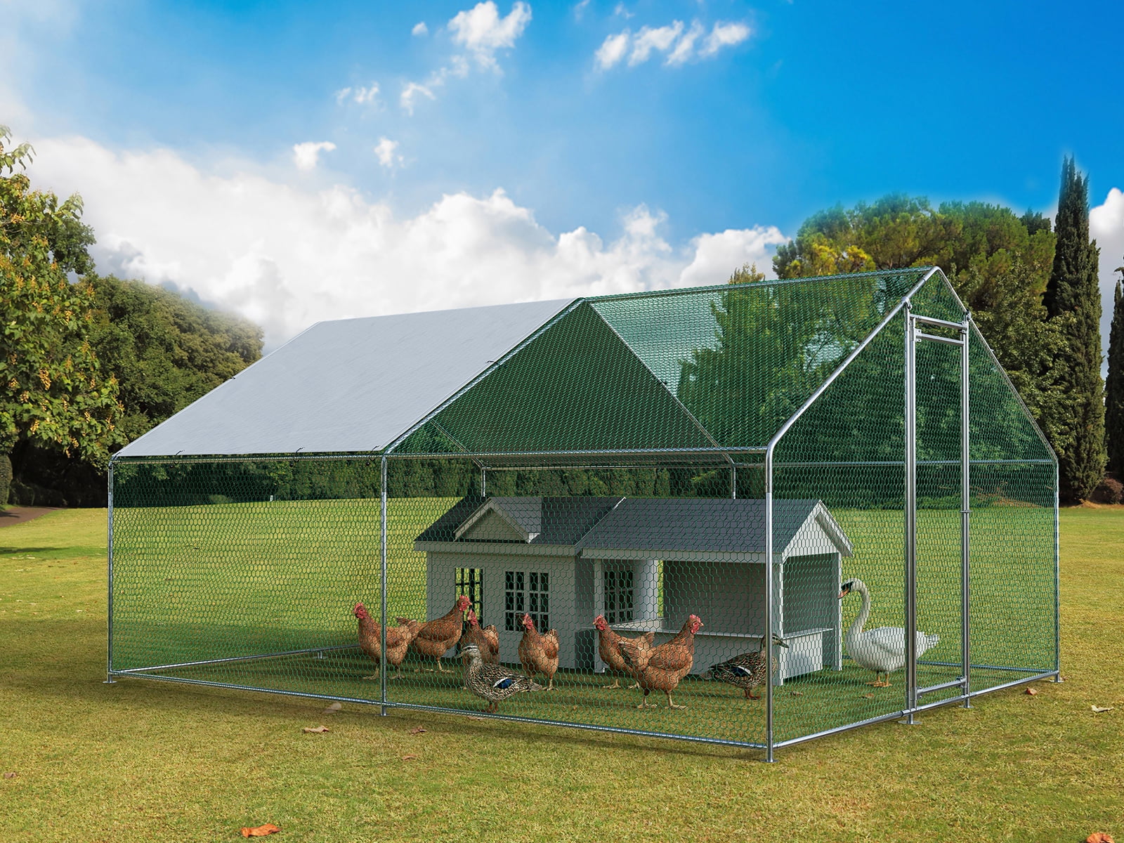 Oarlike Metal Chicken Coop for 15 Chickens Large Chicken Runs for Yard with Cover Galvanized Steel Chicken Pen Outdoor for Hen Duck Rabbits Goose Puppy Heavy Duty Walk-in Poultry Cage