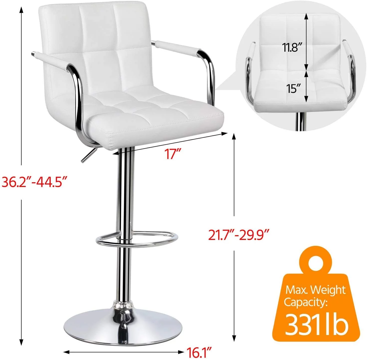 U-SHARE Tall Bar Stools Set of 2 Modern Square PU Leather Adjustable BarStools Counter Height Stools with Arms and Back Bar Chairs 360 Swivel Stool White