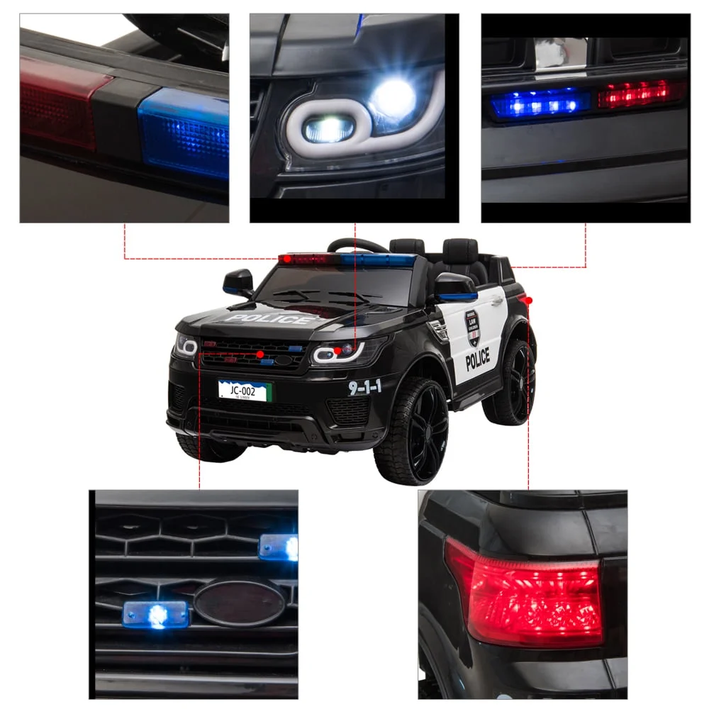 Track 7 Kids Ride on Police Car, 12V Electric Car for Boys Girls Age 3+, Flashing Siren, Microphone, Remote Control, Black