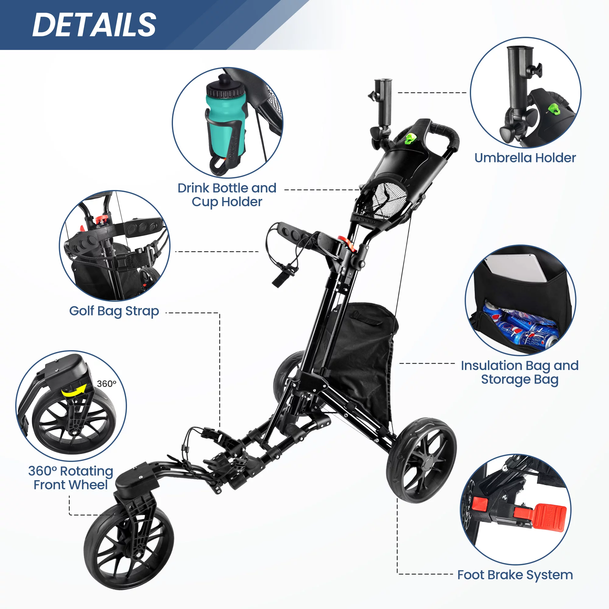 BOBOPRO Universal Wheel Golf Push Cart with Footbrake, Bottle Holder, Umbrella Stand, Cooler Bag,Balck