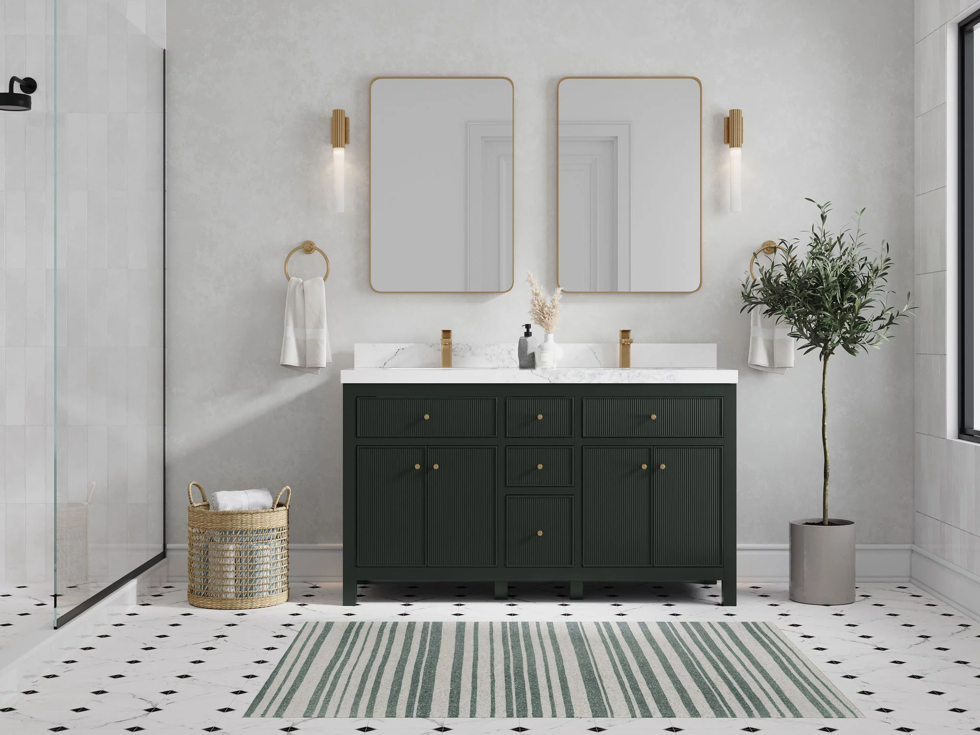 Sonoma 60 in W x 22 in D Free Standing Reeded Double Sink Bathroom Vanity in Dark Forest Green with Quartz or Marble Countertop | MODERN VANITY
