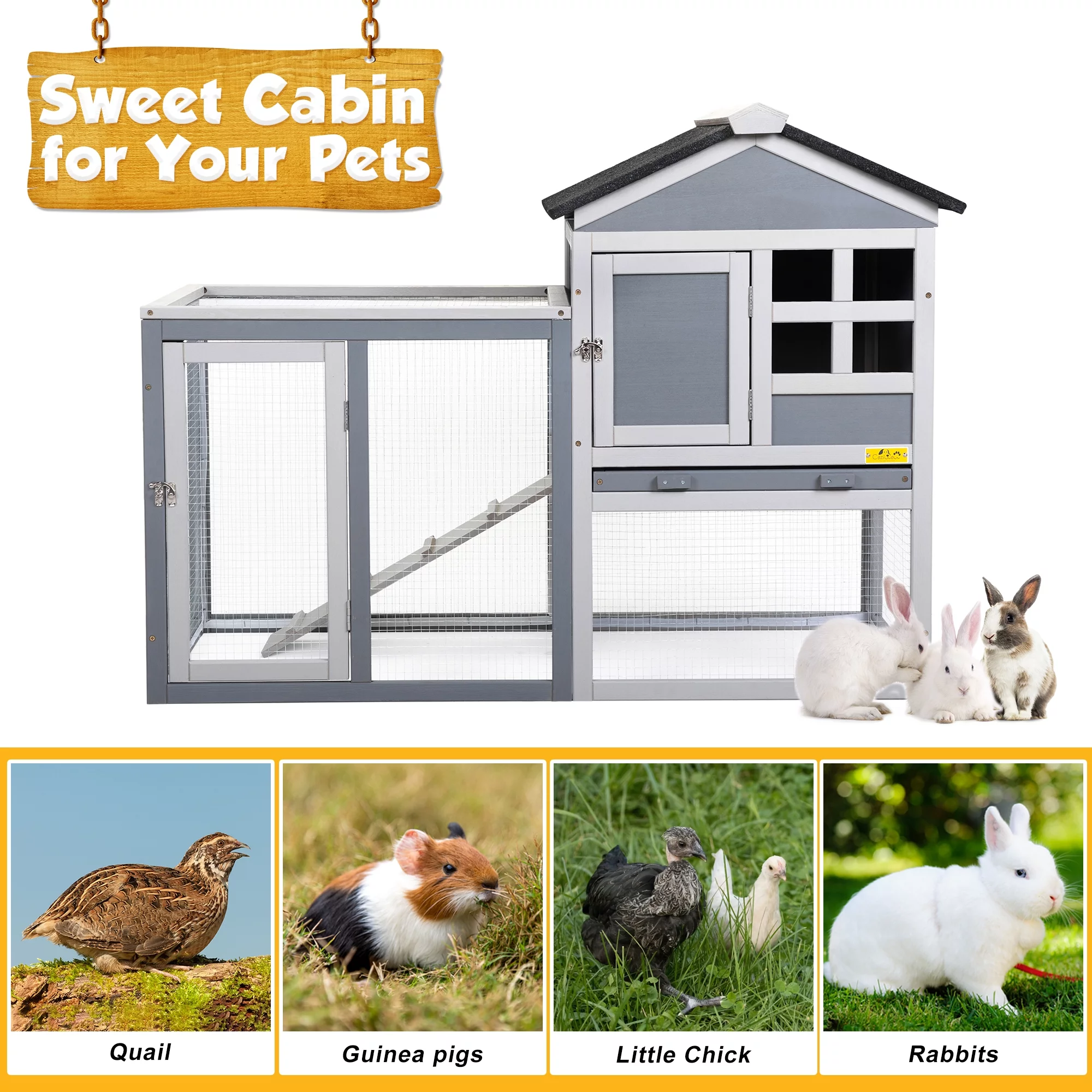 Coziwow Wooden Rabbit Hutch Small Animal Cage Guinea Pig Coop W/ Openable Roof, Gray
