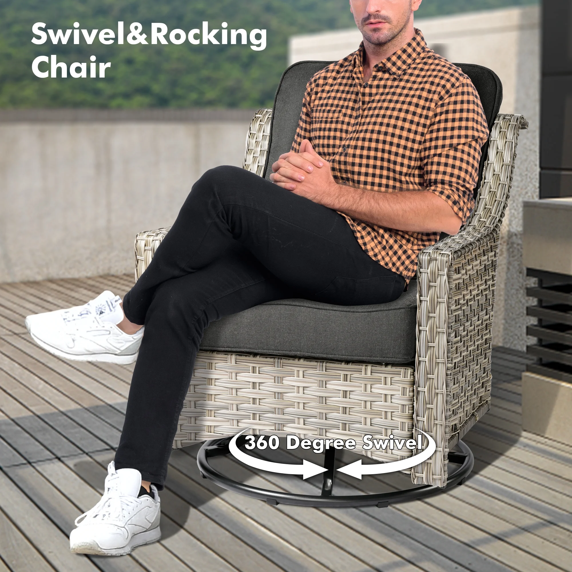 Ovios High-Back Outdoor Furniture 6 Pieces Gray Wicker Patio Conversation Set with Rocking Swivel Chairs for Backyard